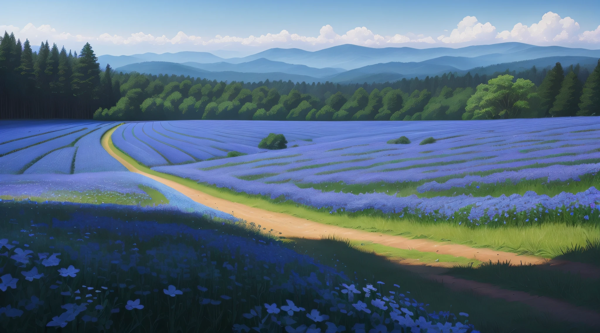 Blue flowers bloom in the countryside fields, meadows, sparse forests in the distance, mottled light and shadow, beautiful, masterpiece