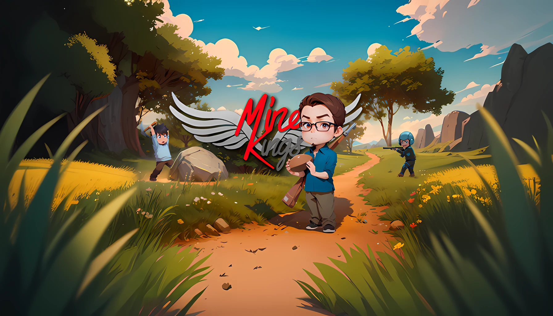 cartoon of a boy with a gun and a girl with a backpack in a field, official artwork, mines, official fanart, official art, key art, mobile game art, box art, by Mirko Rački, promo art, mk ninja, mining, mikko, mike kime, stylized game art, official illustration