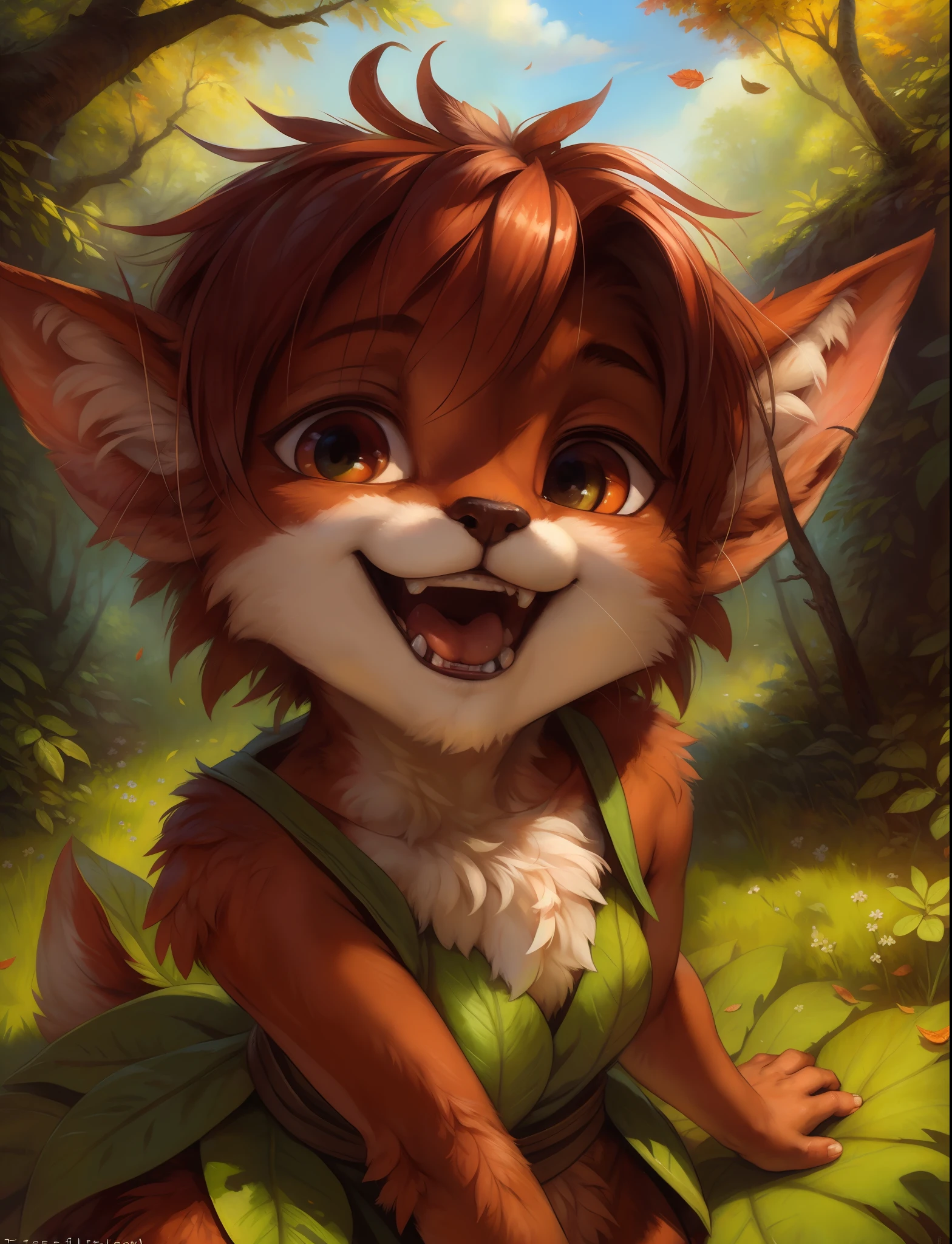 by kenket, by totesfleisch8, (by thebigslick, by silverfox5213:0.8), (by syuro:0.2), elora furry, detailed and extremely fluffy body fur, fluff, masterpiece, looking up beautiful surroundings, detailed background, happy, leaf-dress, (close up:1.1)