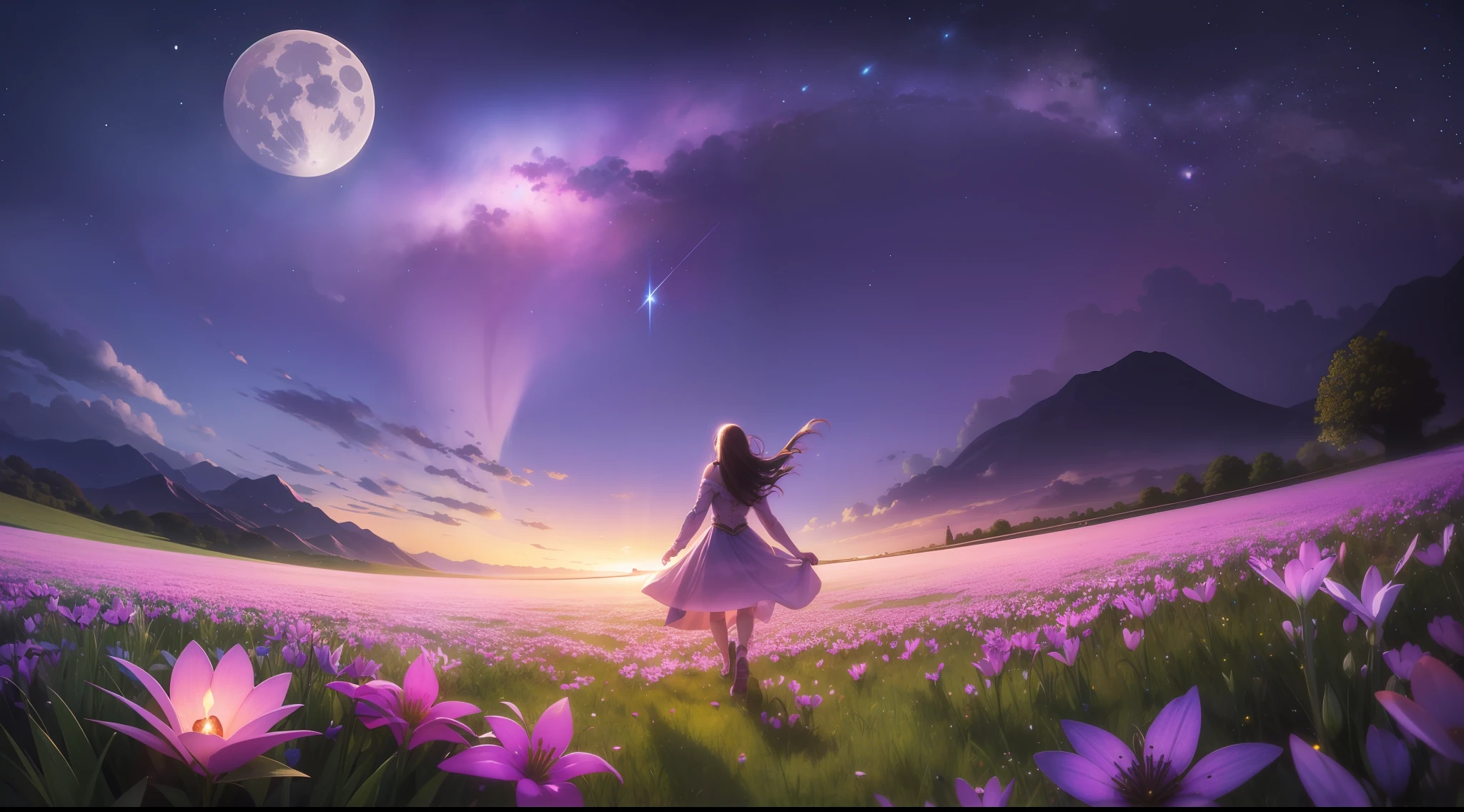 expansive landscape photograph , (a view from below that shows sky above and open field below), a girl standing on flower field looking up, (full moon:1.2), ( shooting stars:0.9), (nebula:1.3), distant mountain, tree BREAK
production art, (warm light source:1.2), (Firefly:1.2), lamp, lot of purple and orange, intricate details, volumetric lighting, realism BREAK
(masterpiece:1.2), (best quality), 4k, ultra-detailed, (dynamic composition:1.4), highly detailed, colorful details,( iridescent colors:1.2), (glowing lighting, atmospheric lighting), dreamy, magical, (solo:1.2)