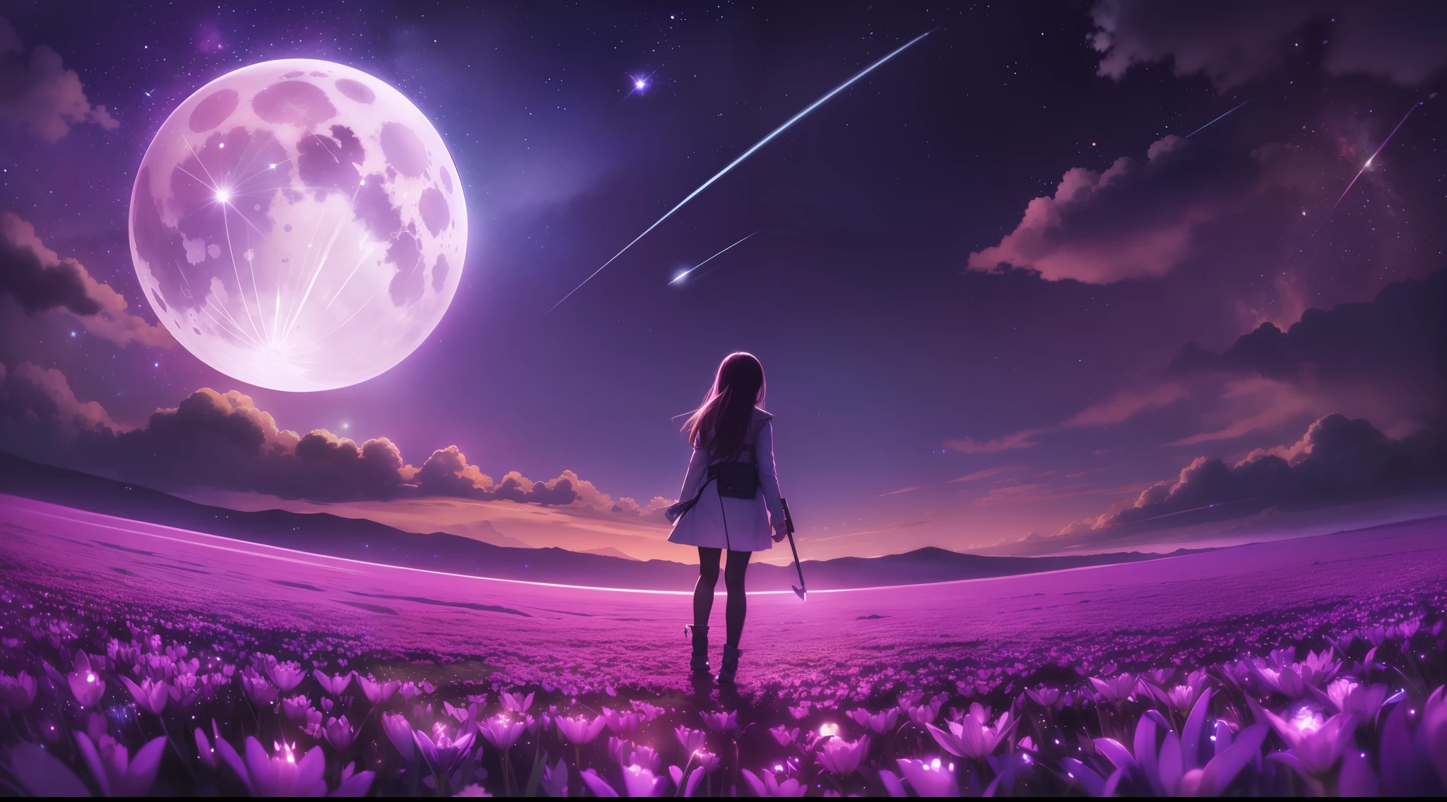 expansive landscape photograph , (a view from below that shows sky above and open field below), a girl standing on flower field looking up, (full moon:1.2), ( shooting stars:0.9), (nebula:1.3), distant mountain, tree BREAK
production art, (warm light source:1.2), (Firefly:1.2), lamp, lot of purple and orange, intricate details, volumetric lighting, realism BREAK
(masterpiece:1.2), (best quality), 4k, ultra-detailed, (dynamic composition:1.4), highly detailed, colorful details,( iridescent colors:1.2), (glowing lighting, atmospheric lighting), dreamy, magical, (solo:1.2)