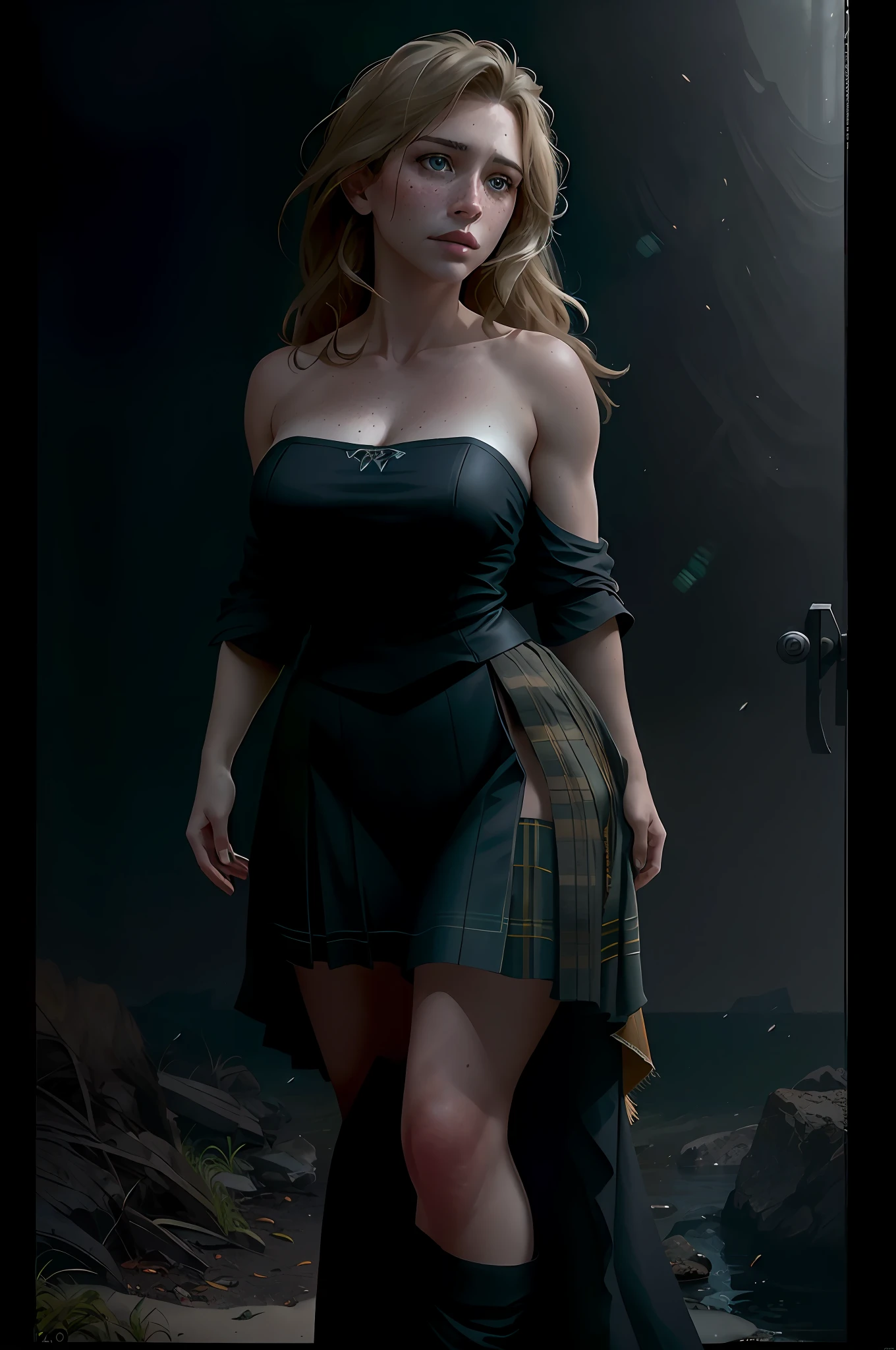 deep shadow, sinister, award winning photo, best quality, masterpiece, upper body, woman, freckled face, windblown blonde hair, emerald eyes, modern strapless dress by Jeremy Lipking, by Antonio J. Manzanedo, by lee jeffries nikon d850 film stock photograph 4 kodak portra 400 camera f1.6 lens rich colors hyper realistic lifelike texture dramatic lighting unreal engine trending on artstation cinestill 800, fisheye lens, Style-Kilt, windy beach, scottish loch, forest