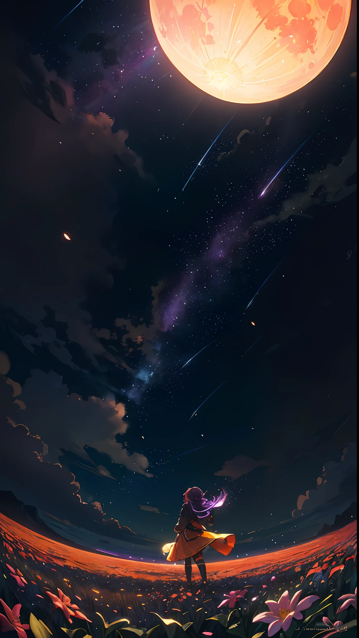 Vast landscape photo, (viewed from below, the sky is above and the open field is below), a girl standing on a flower field looking up, (full moon: 1.2), (meteor: 0.9), (nebula: 1.3), distant mountains , Trees BREAK Crafting Art, (Warm Light: 1.2), (Fireflies: 1.2), Lights, Lots of Purple and Orange, Intricate Details, Volumetric Lighting, Realism BREAK (Masterpiece: 1.2), (Best Quality), 4k, Ultra-Detailed, (Dynamic Composition: 1.4), Very Detailed, Colorful Details, (Rainbow Colors: 1.2), (Glow Lighting, Atmospheric Lighting), Dreamy, Magical, (Solo: 1.2)