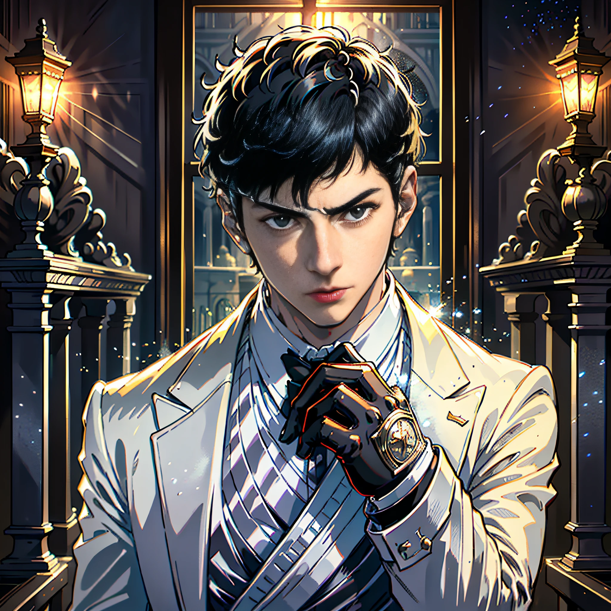 At night, a handsome boy, hands on his head thinking about problems, standing at the gate of the villa, white suit, facial hyper-detail, short black hair, black eyes, facial hyper-detail, highly real, 4K, chiaroscuro, super high detail