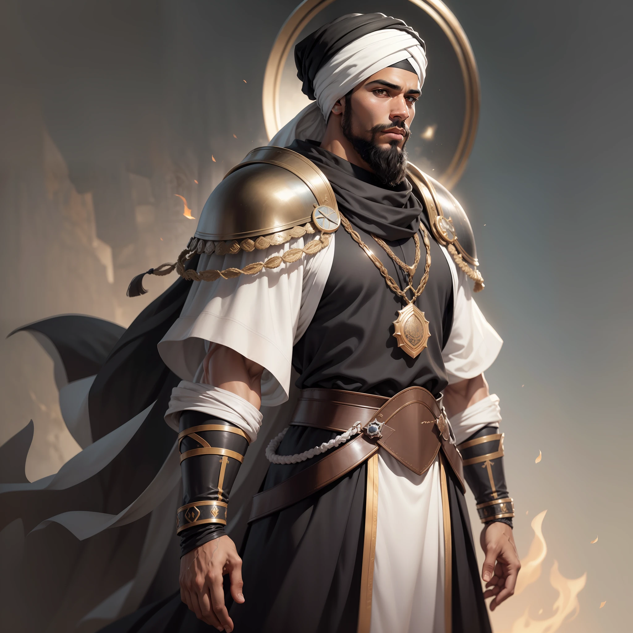 Realistic image of superior quality of a mulatto man of Arab features, mulatto skin, beard, tall and strong, dressed in black cleric's clothes with white details, shoulder pads, wearing a turban on his head, standing and arms crossed, looking to the side ignoring the camera