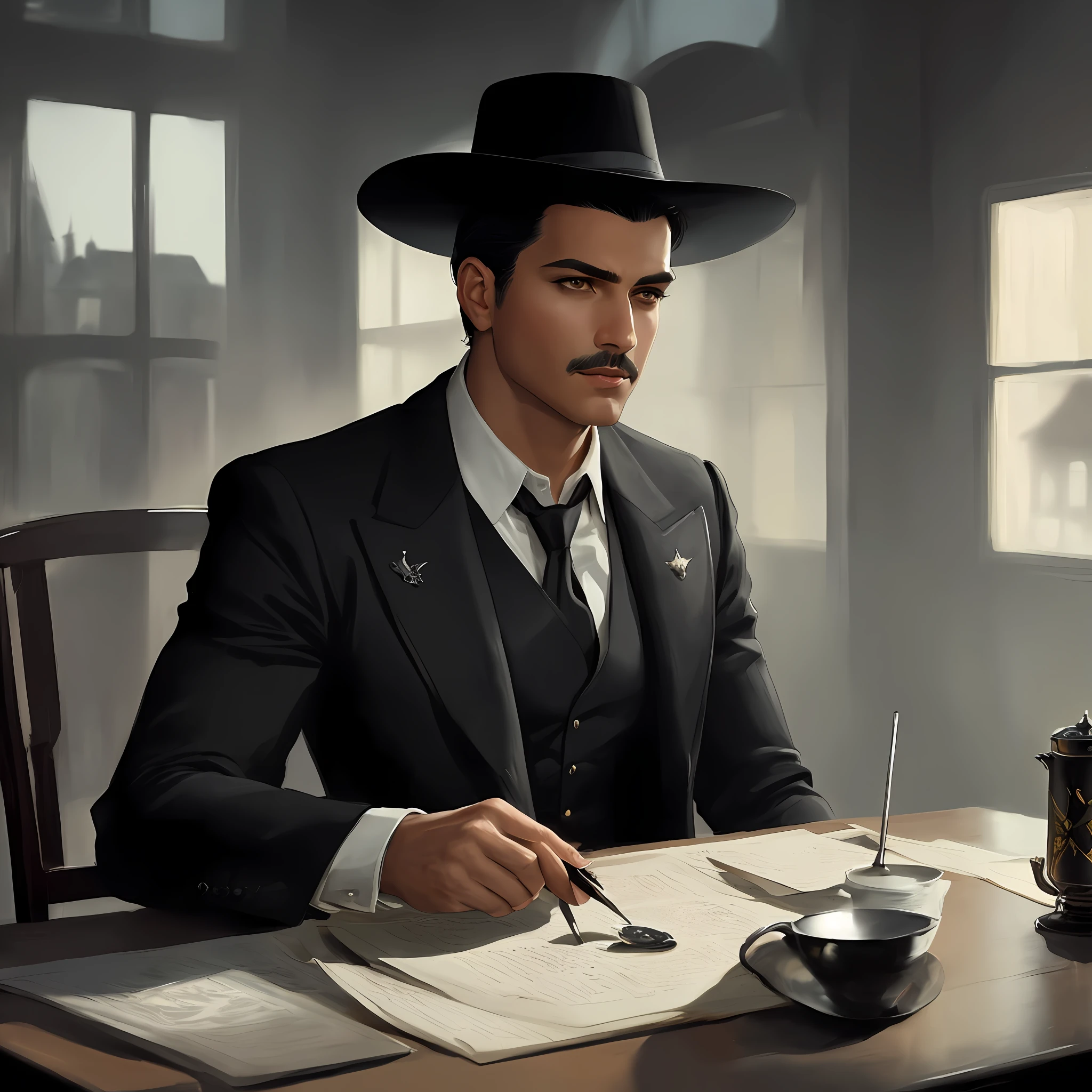 (Masterpiece, best quality: 1.2), detailed face, (pastel colors: 1.2, dark studio, edge lighting, two-tone lighting, dim, understated,), posters from the 1930s \ (style\), black detective films, (black atmosphere: 1), gloomy atmosphere, emphasis on black colors, 1930s (/style/), man Zorro sitting at the table, private investigator in detective suit, fashion trends on ArtStation, CGSociety On fashion trends, sophisticated, highly detailed, dramatic, midjourney and Greg Rutkowski's realistic painting art,