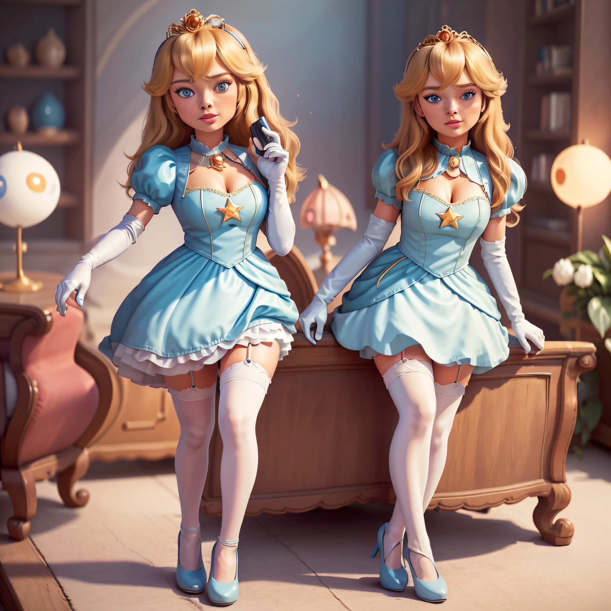 STICKER, (best quality, masterpiece, highres:1.4, solid outline:1.2), absurdres, 1 girl, large breasts, star eye, Margot Robbie, blush, (realistic:1.5), blue eyes, dressed in a sexy maid outfit, see thru, milf, white arm glove, full body portrait, cowboy shot, no background, looking at viewer, perfect face, detailed face, bangs, perfect body, beautiful eyes, pretty face, bright skin, idol, shoes, cleavage, ass view, sexy stockings, unbutton top, dress open, panties, full body, shoes visible