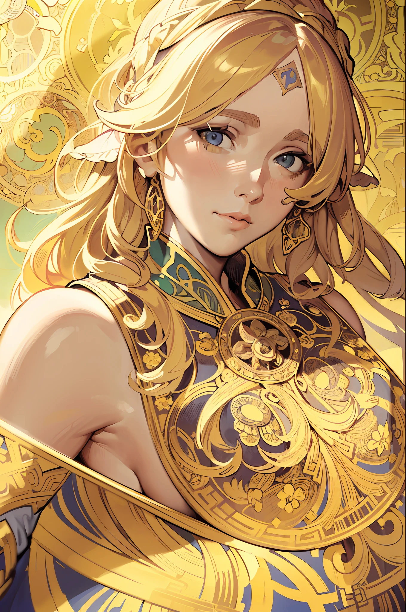 face portrait of a  European female , long curly hair, blond, floral frame, Decorative panels, abstract
photorealistic, artistic, by Alphonse Mucha
(Masterpiece, Best Quality, Highres:1.4), Detailed, Intricate Details, 4K, color splashes, line art,   fibonacci,