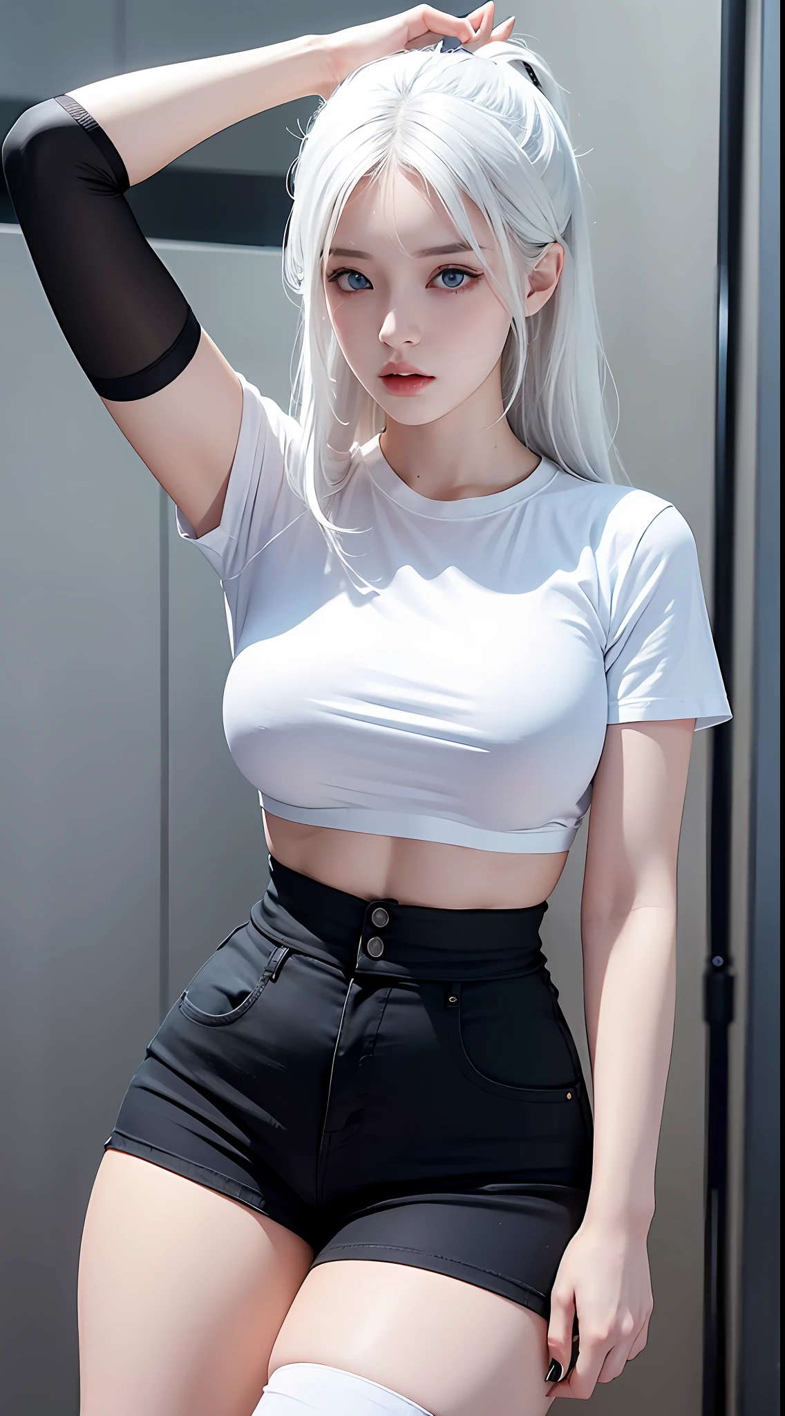 photorealistic, high resolution, 1 girl, white hair, korean, blue eyes, white shirt, skimpy tight black shorts, thick thighs