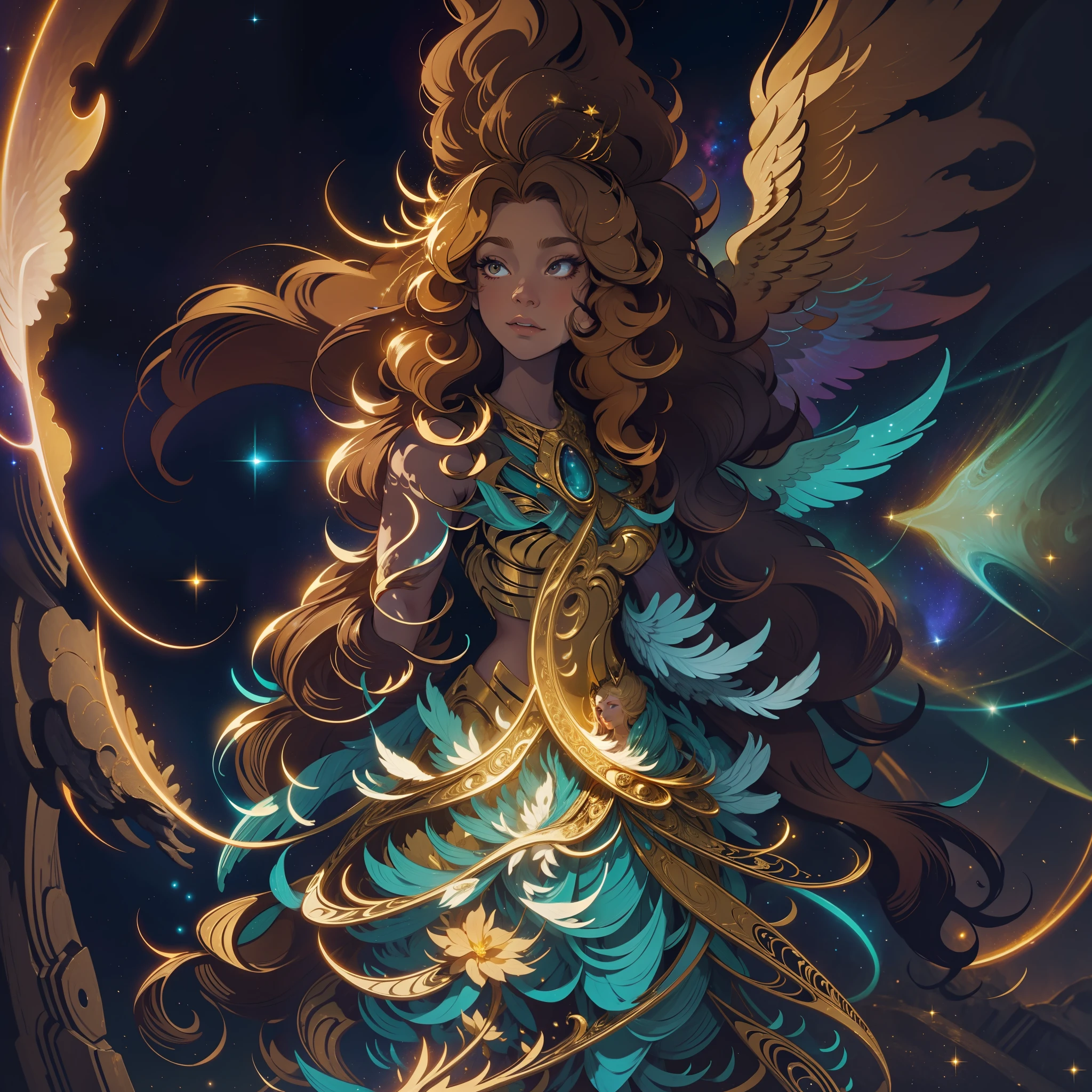 A woman with long, golden hair, with majestic wings on her back, is standing in a nocturnal landscape illuminated by a soft light. Her dress is golden and fluid, matching perfectly with the glow of the stars in the background.