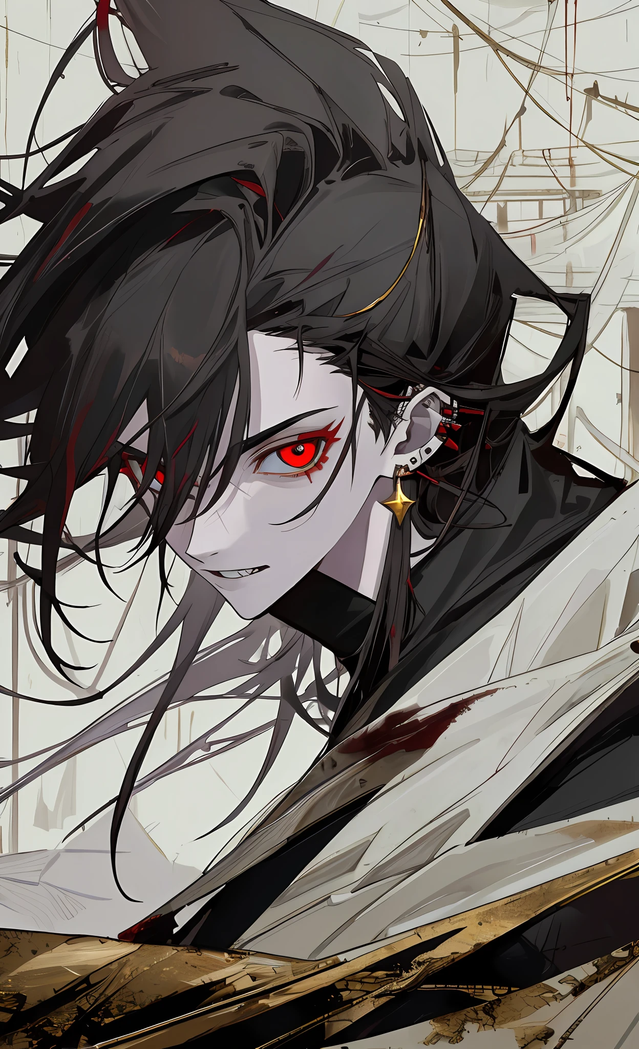 (((8k, RAW photo, best quality, Masterpiece: 1.4))), super high resolution, super detailed, illustration, close-up, handsome man, red eyes, (detailed eyes, bright eyes:1.2), medium length black hair, elf, pale skin, ear piercings, dark, black clothes, detailed clothes, gold accessories on clothes, sly smile, sharp fangs, predatory look, (perfect anatomy:1.2), bridge in the background, only environment, broken laboratory, starry sky, architecture, future, imagination, outdoor, high quality shadows, natural lighting, (white highlights:1.2), night, dark sky, (blood on clothes:1.2)
