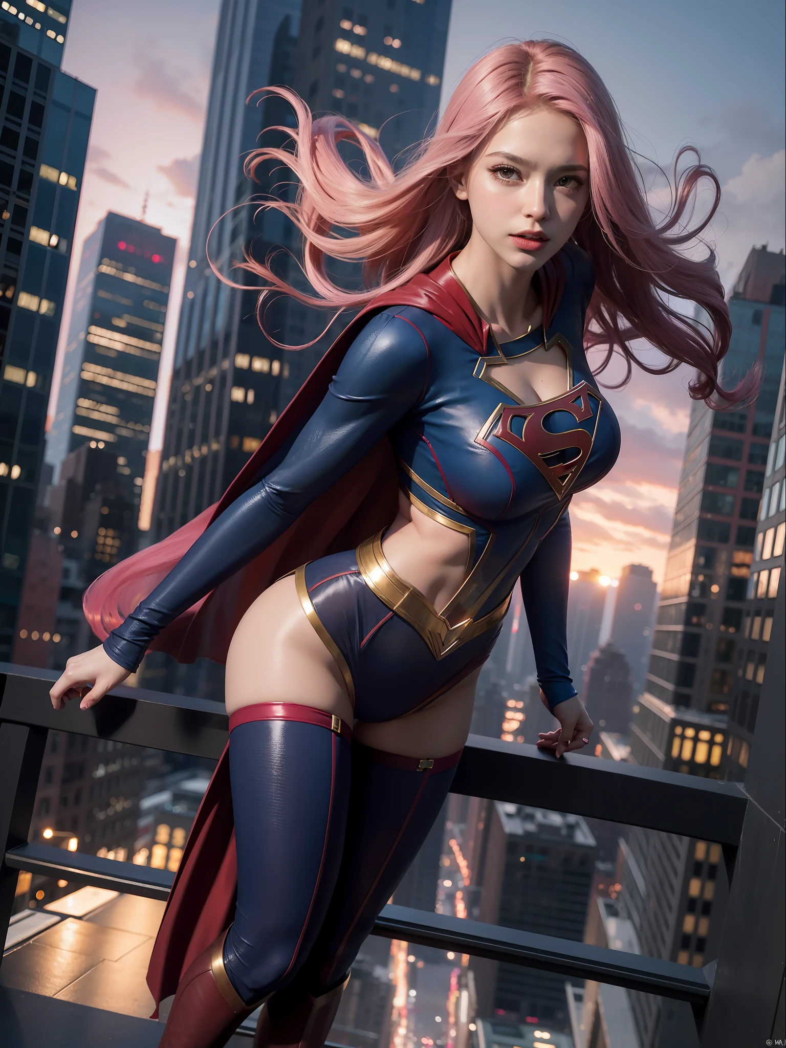 Supergirl flying gracefully between the skyscrapers of New York, best quality, masterpiece, ultra high resolution, (photorealistic: 1.4), raw photo, 1girl, pink hair, bright skin, dramatic lighting, full body, wide hips, huge breasts, big ass