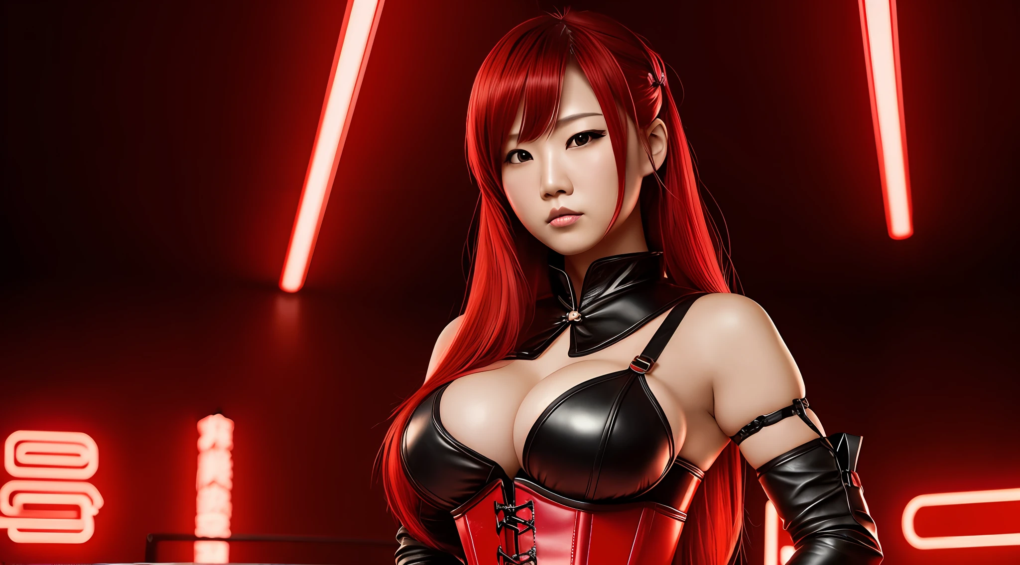 Japanese female portrait, big breasts,huge breasts,sensual,long neon red hair, cute, intimidating, small body, red leather corset, realistic cinematic 8k top body, red background, grumpy lighting, --auto --s2