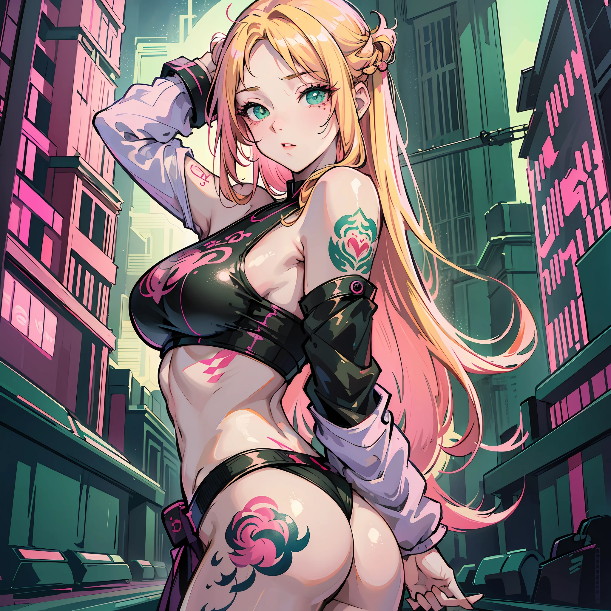Korean, mystery face, long blonde hair, beautiful, tattoo on ass, pink calsinha, green eyes, surrealism, cinematic lighting, 8k, super detail, best quality, masterpiece, night background landscape. --auto --s2