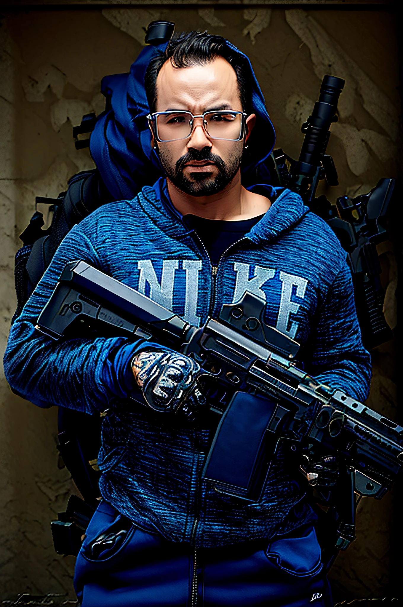 Arafed man in a blue hoodie holding a gun, holding an MP7, with rifle,anime, ultra realistic style,