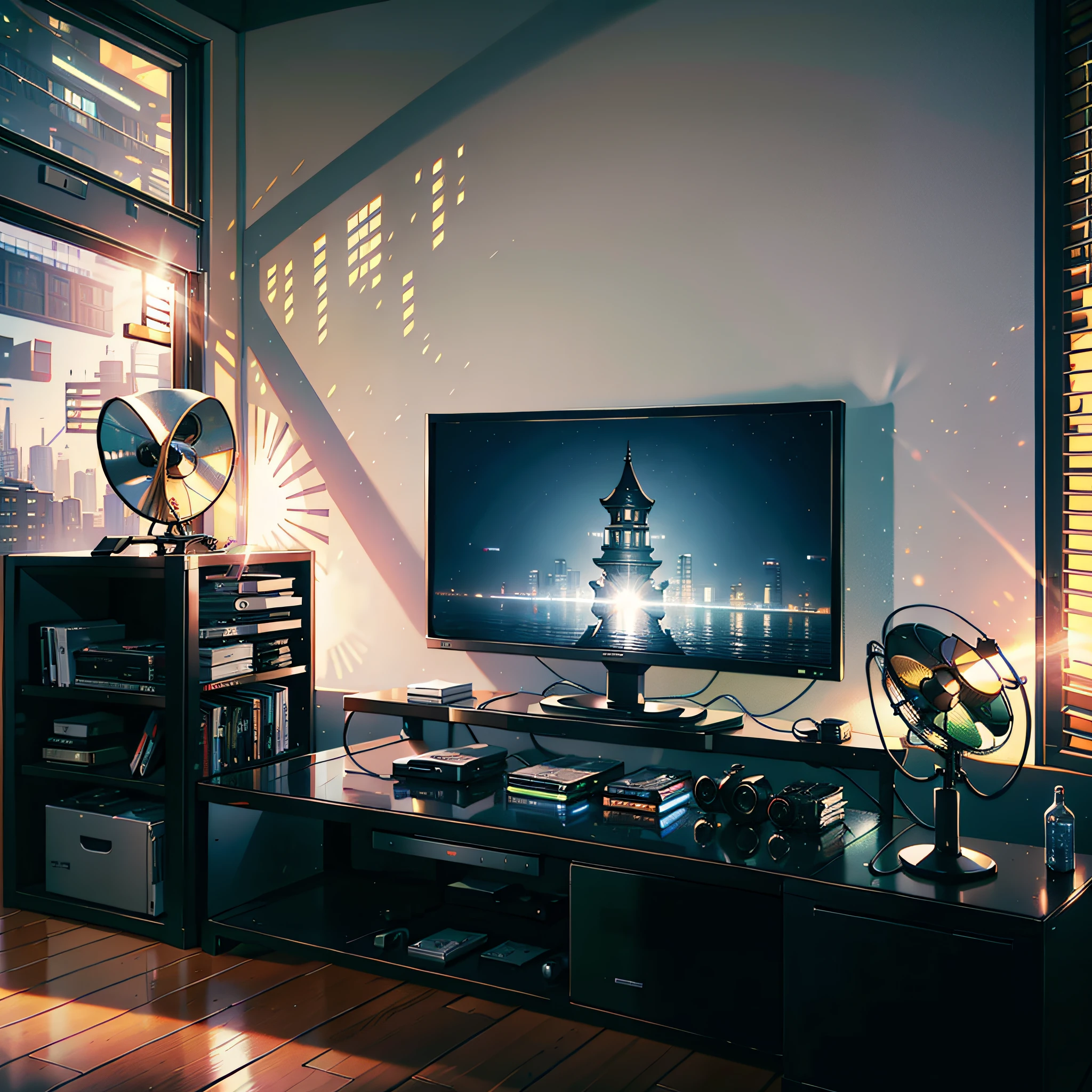 In the house, there are a lot of CDs, equipment for watching movies, ultra detail, highly real, 4K, chiaroscuro, super high detail