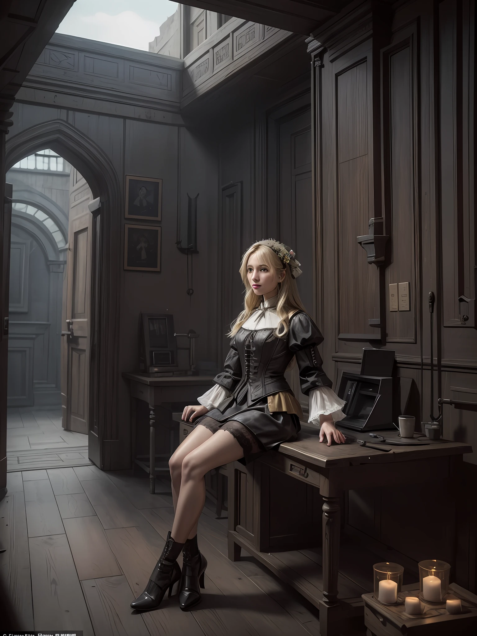 (Realisticity: 1.4), Fine, Quality, Rembrandt Lighting, (Masterpiece: 1.2), (Best Quality), (Skin Detail: 1.3), (Intricate Detail), Dramatic, Ray Tracing, 1girl, Blonde, 18th Century European White Shirt, Loose Sleeves, Lace Sleeves, Tyndall Light, Mysterious, Anatomically Correct, Sci-Fi, Steampunk, Gears, Steam Furnace, Boiler, Laboratory, Mist,