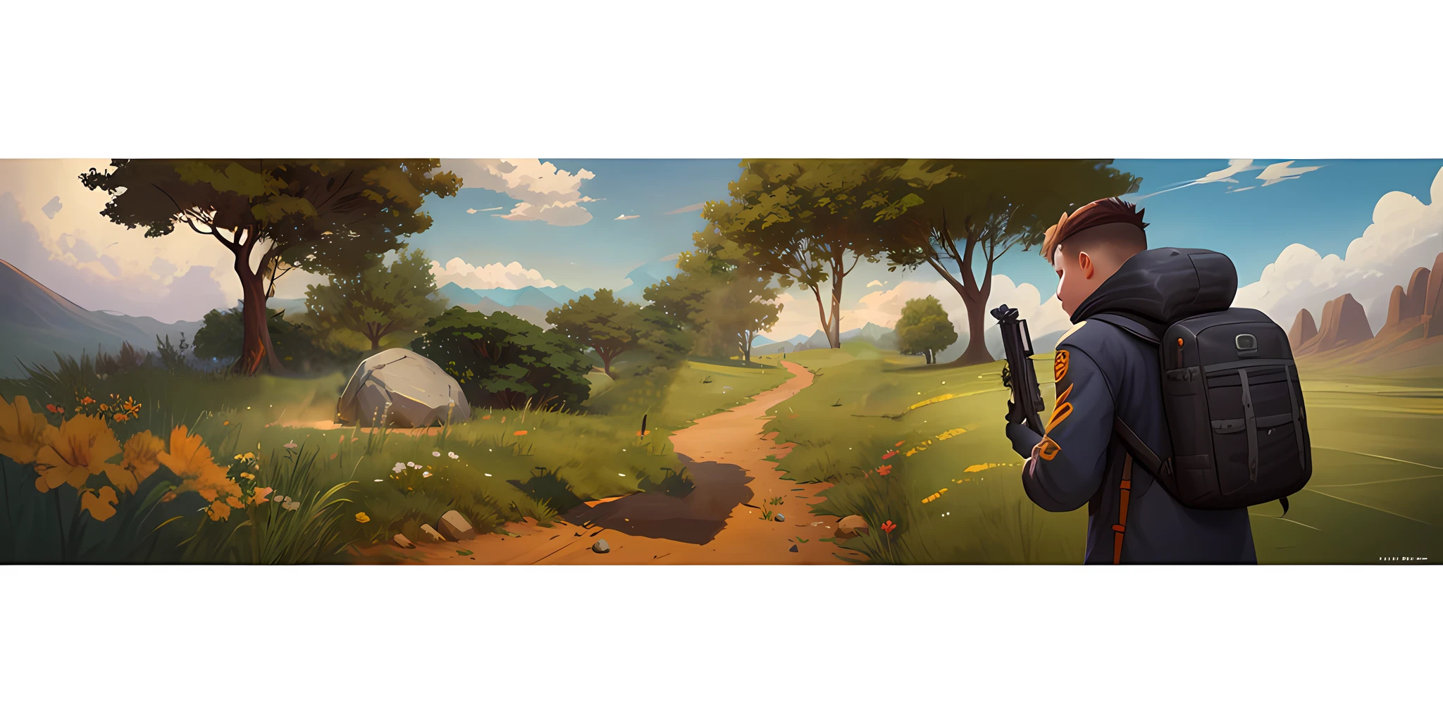 cartoon of a boy with a gun and a girl with a backpack in a field, official artwork, mines, official fanart, official art, key art, mobile game art, box art, by Mirko Rački, promo art, mk ninja, mining, mikko, mike kime, stylized game art, official illustration