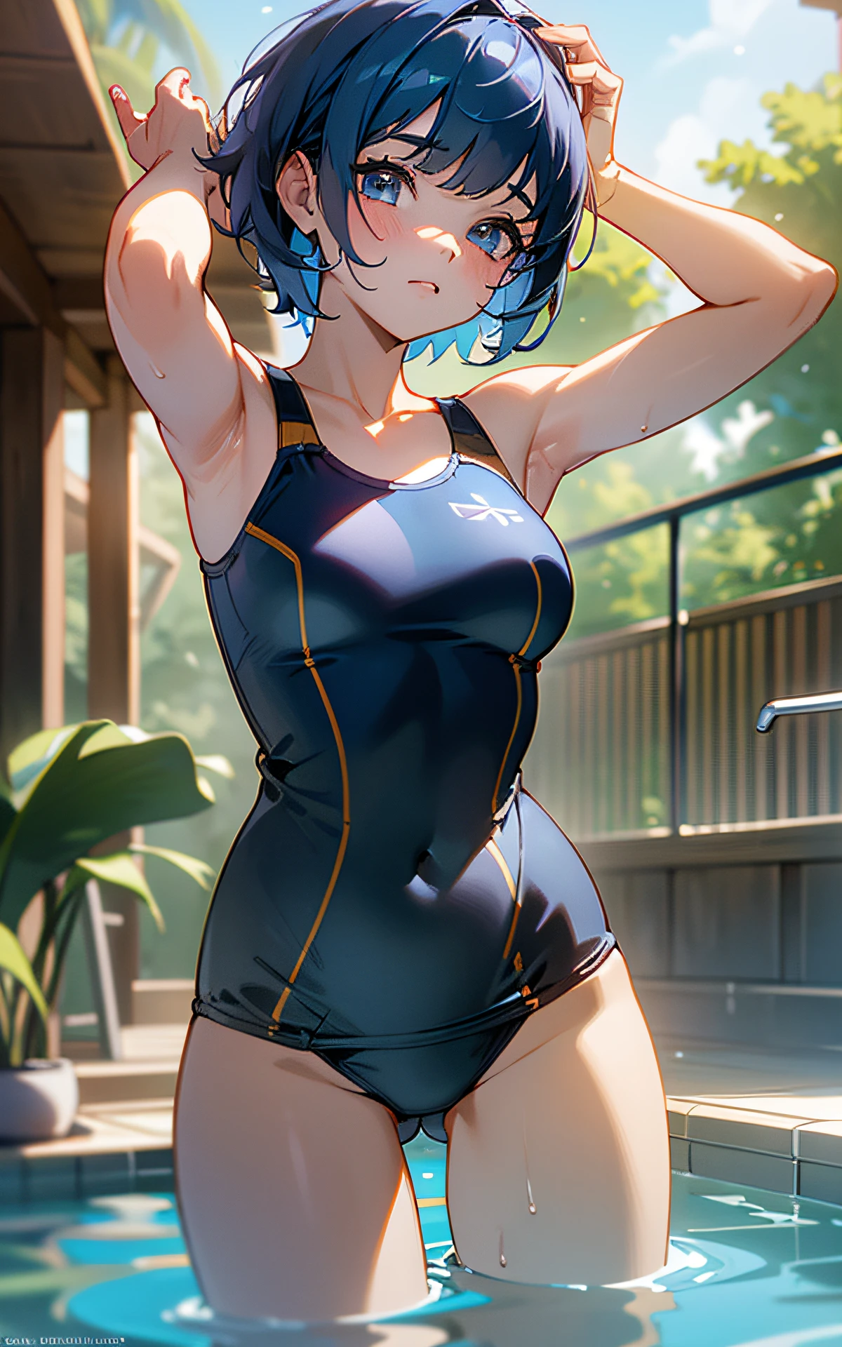 ((unity 16k wallpaper, masterpiece, best quality, ultra-detailed, extremely detailed CG, caustics, cinematic lighting, detailed, beautiful detailed eyes)), ultra high resolution, fine skin, (cute: 1.2), ( 15 year old girl), ((old school swimsuit: 1.6)), summer sunshine, pool, ((writing in background)), dark blue hair, arms outstretched, short cut, school swimsuit with drainage