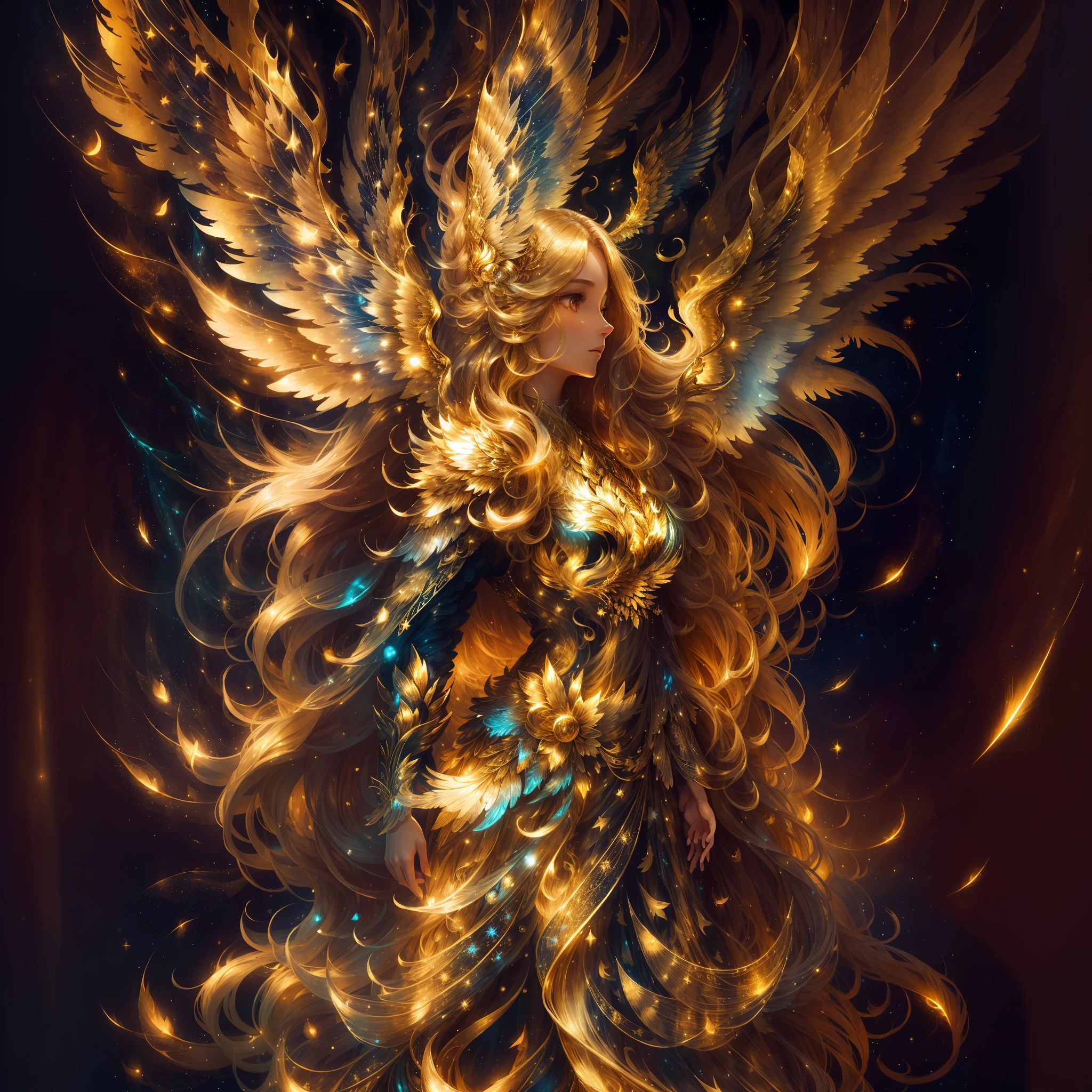 A woman with long, golden hair, with majestic wings on her back, is standing in a nocturnal landscape illuminated by a soft light. Her dress is golden and fluid, matching perfectly with the glow of the stars in the background.