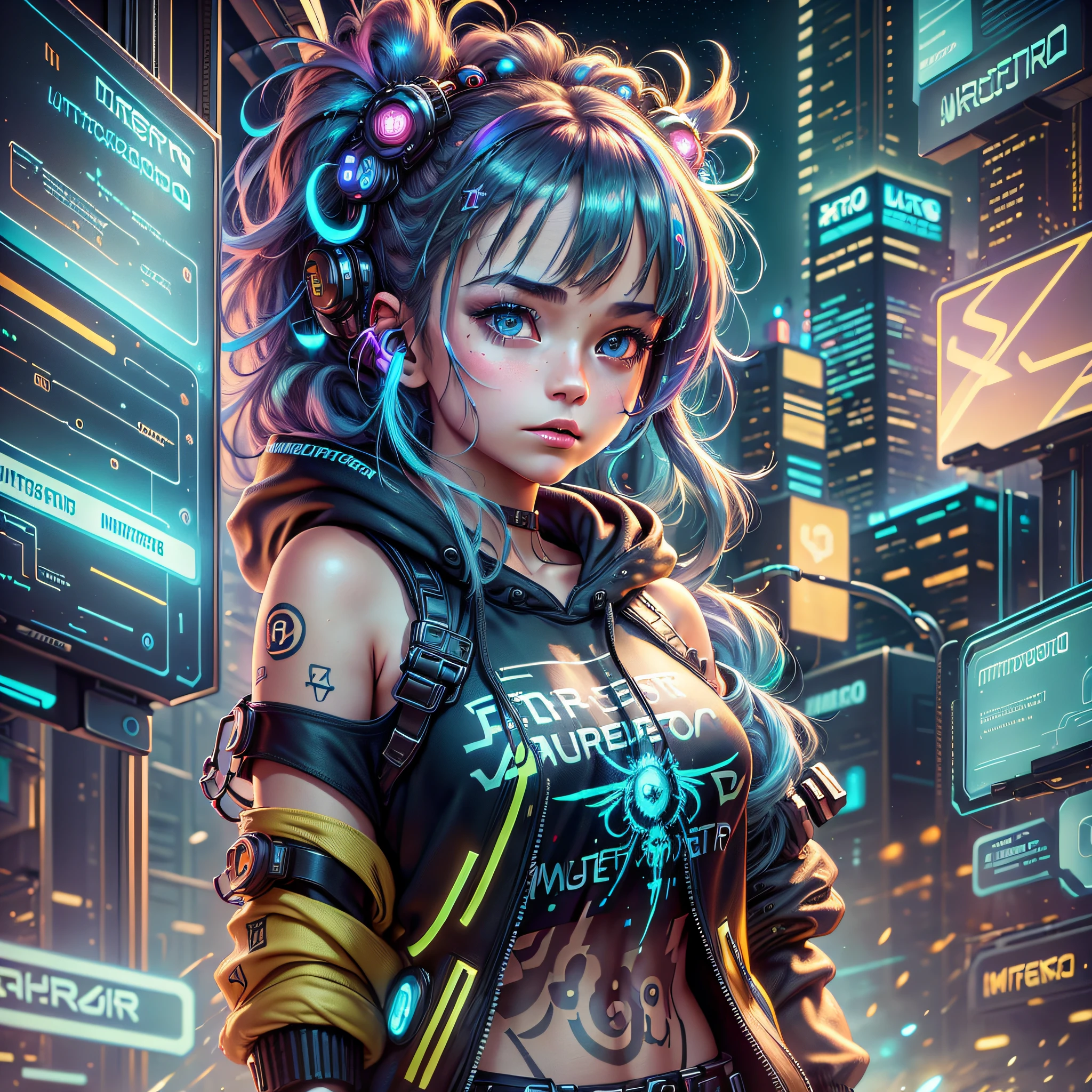 (Masterpiece), Best Quality, Ultra High Resolution, Little Girl, Cyberpunk 1girl Flying over Stunning Cityscape, Hoodie, Blue Hair, Neon Shooting Star, Very Long Hair, Off-the-Shoulders, Feather Hair Ornaments, Neon Color, Glitter, Stunning Night Sky, Cinematic Lighting, Realistic, Realistic Skins, HDR, Fisheye --auto --s2