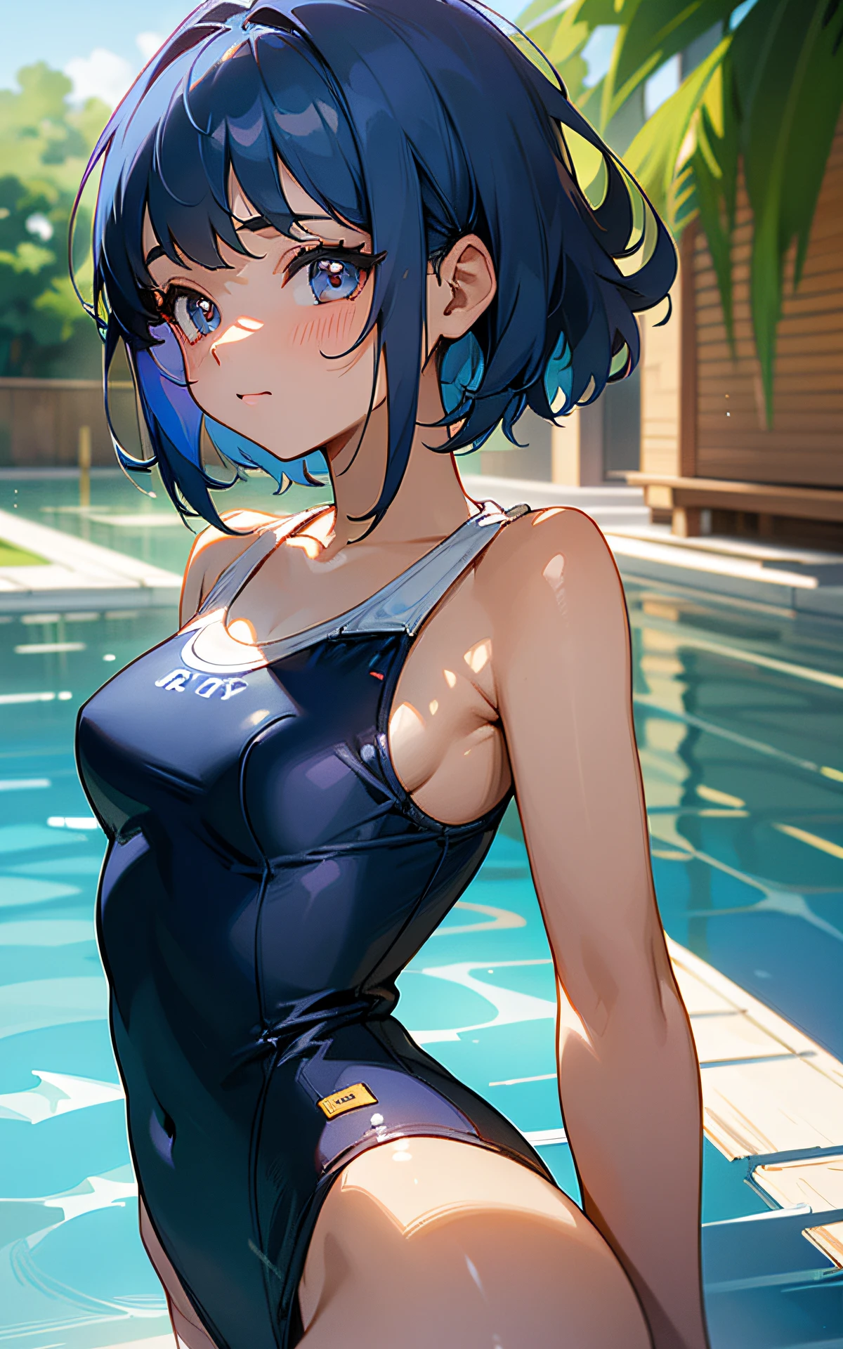 ((unity 16k wallpaper, masterpiece, best quality, ultra-detailed, extremely detailed CG, caustics, cinematic lighting, detailed, beautiful detailed eyes)), ultra high resolution, fine skin, (cute: 1.2), ( 15 year old girl), ((old school swimsuit: 1.6)), summer sunshine, pool, ((writing in background)), dark blue hair, arms outstretched, short cut, school swimsuit with drainage