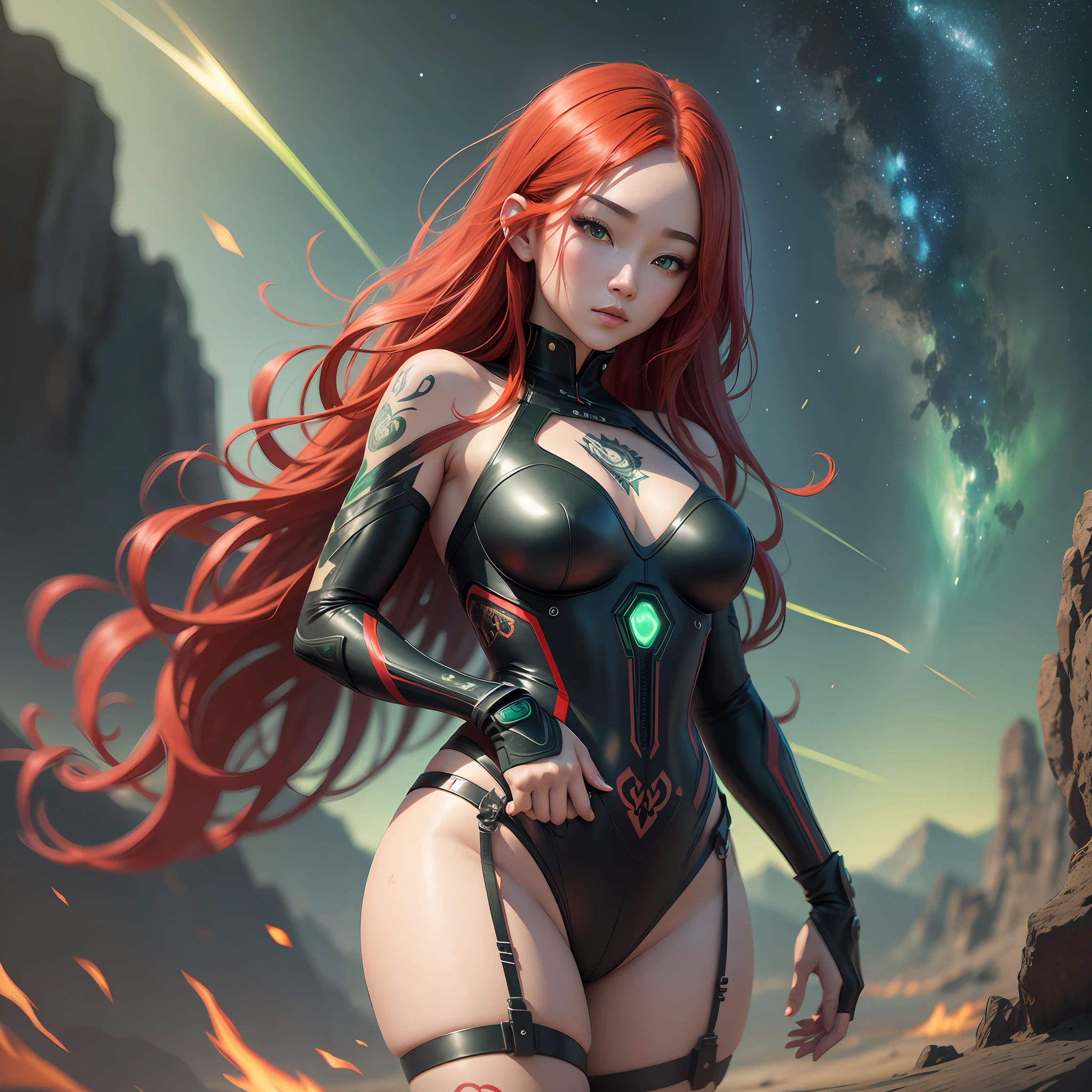 Asian, cheeky face, long red hair, beautiful, sexy, tattoo on ass, green eyes, surrealism, cinematic lighting, 8k, super detail, best quality, masterpiece, galaxy background landscape. --auto --s2