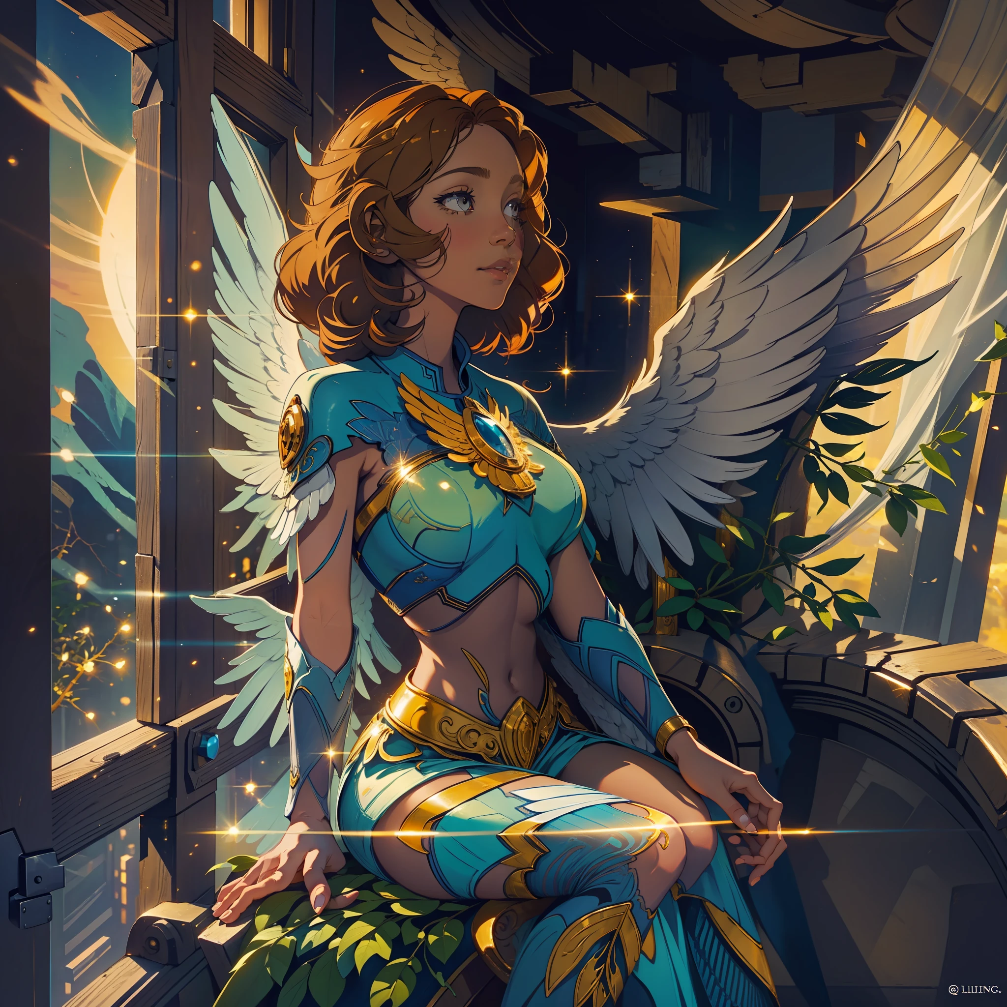 In this image, an angel woman is sitting in a window, her wings spread and extended. The light of the setting sun bathes the scene, creating a golden and romantic atmosphere. The woman seems contemplative and serene.
