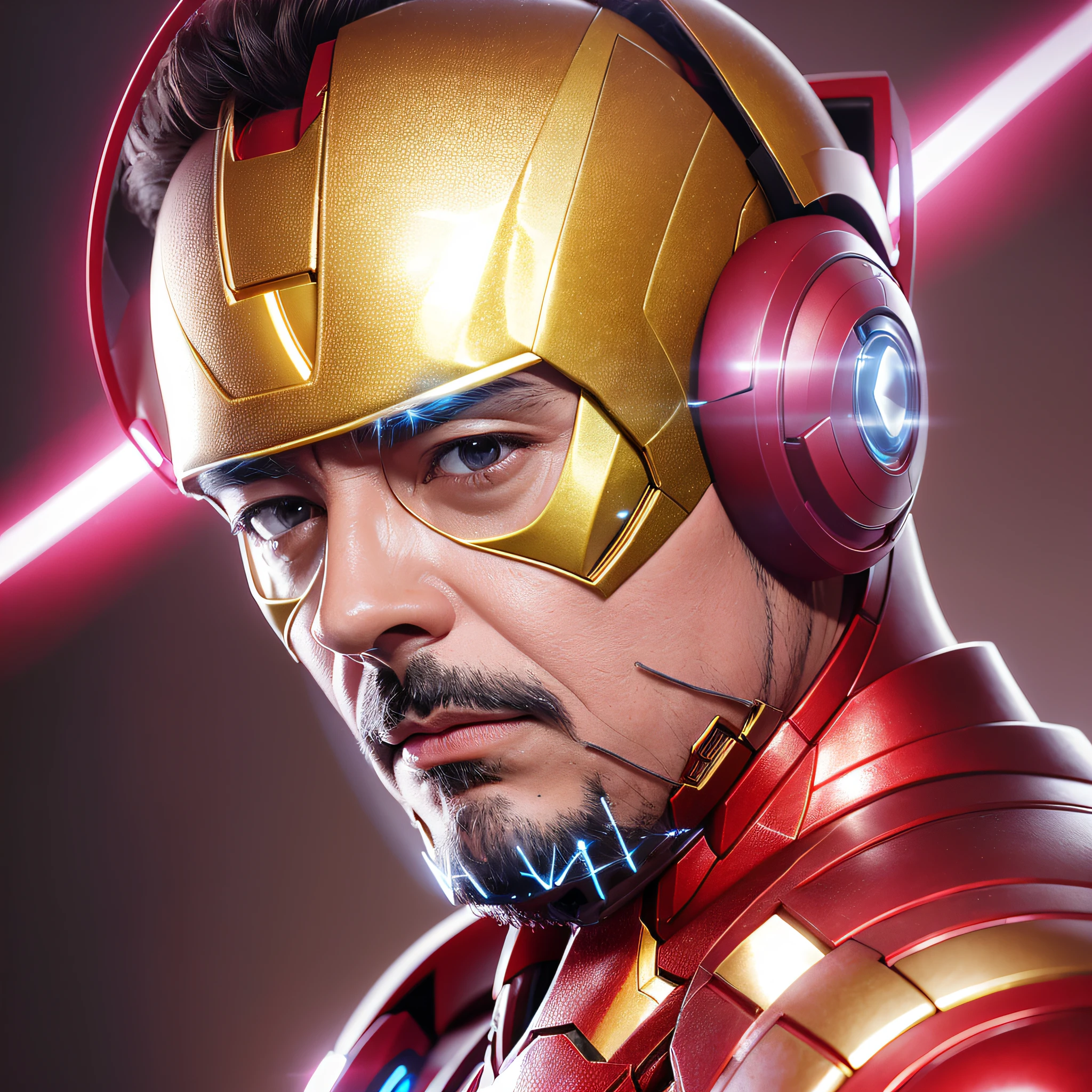Iron Man Tony Stark dj, no helmet, big black headphones, photography style with soft lighting and delicate details. Rendered with Octane and artstation trend techniques, this ultra-high detail and ultra-realistic image has a cinematic feel. The resolution is an impressive 16K --auto --s2