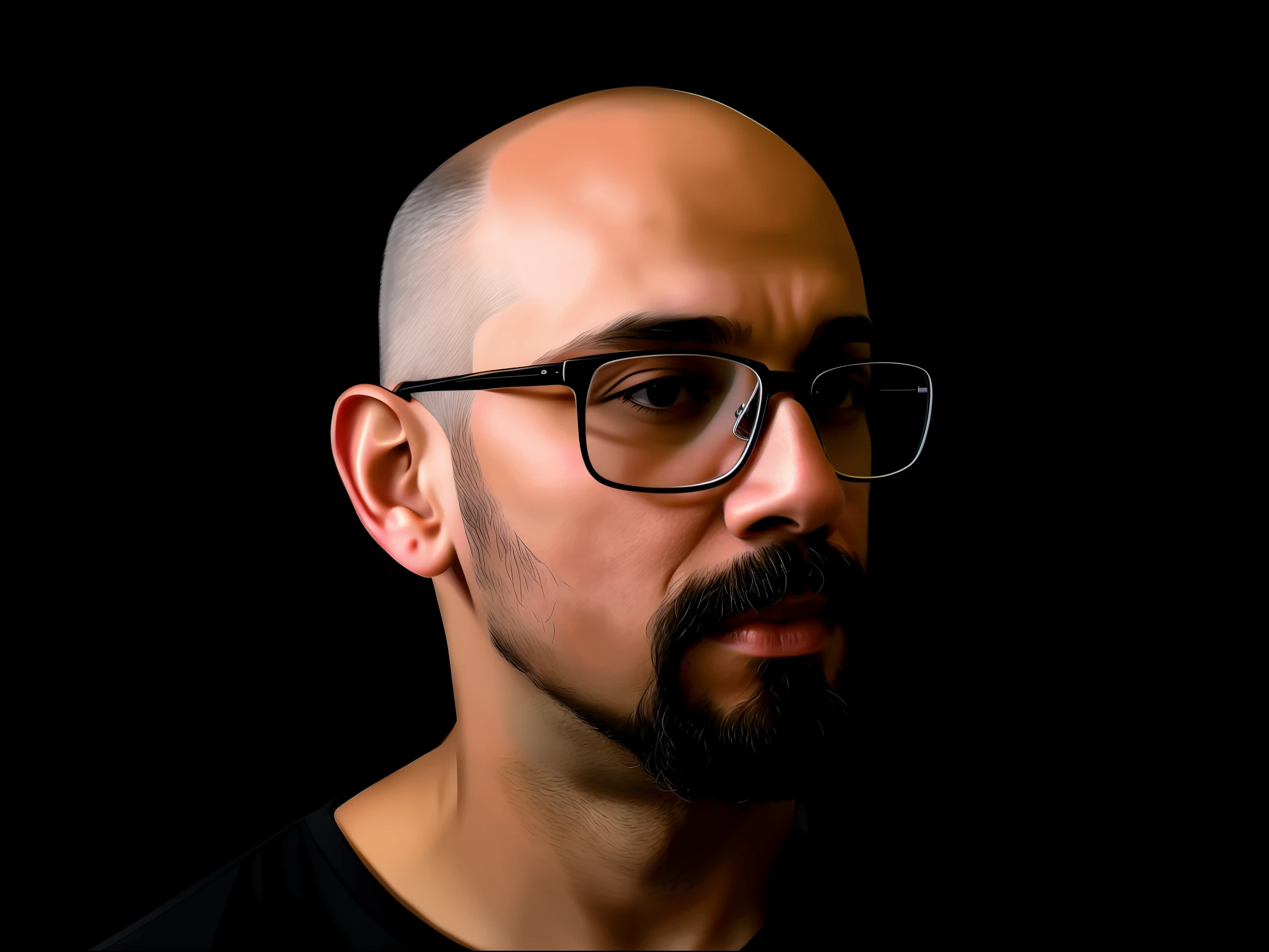 there is a man with glasses and a beard in a black shirt, with glasses and goatee, bald with short beard, with nerdy glasses and goatee, short goatee, portrait of bald, portrait image, head portrait, portrait shot 8 k, david rios ferreira, headshot portrait, with nerdy! glasses! and goatee, inspired by Pedro Pedraja