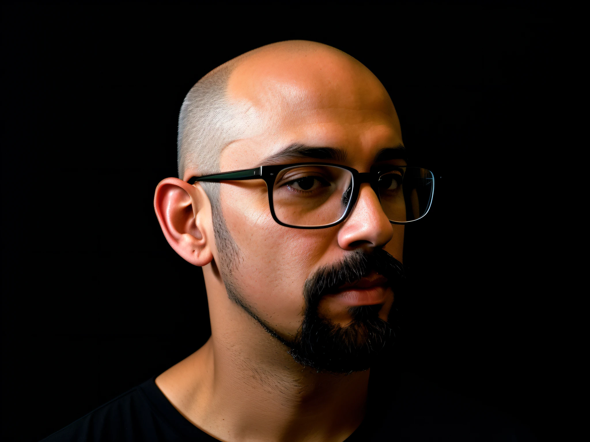 there is a man with glasses and a beard in a black shirt, with glasses and goatee, bald with short beard, with nerdy glasses and goatee, short goatee, portrait of bald, portrait image, head portrait, portrait shot 8 k, david rios ferreira, headshot portrait, with nerdy! glasses! and goatee, inspired by Pedro Pedraja