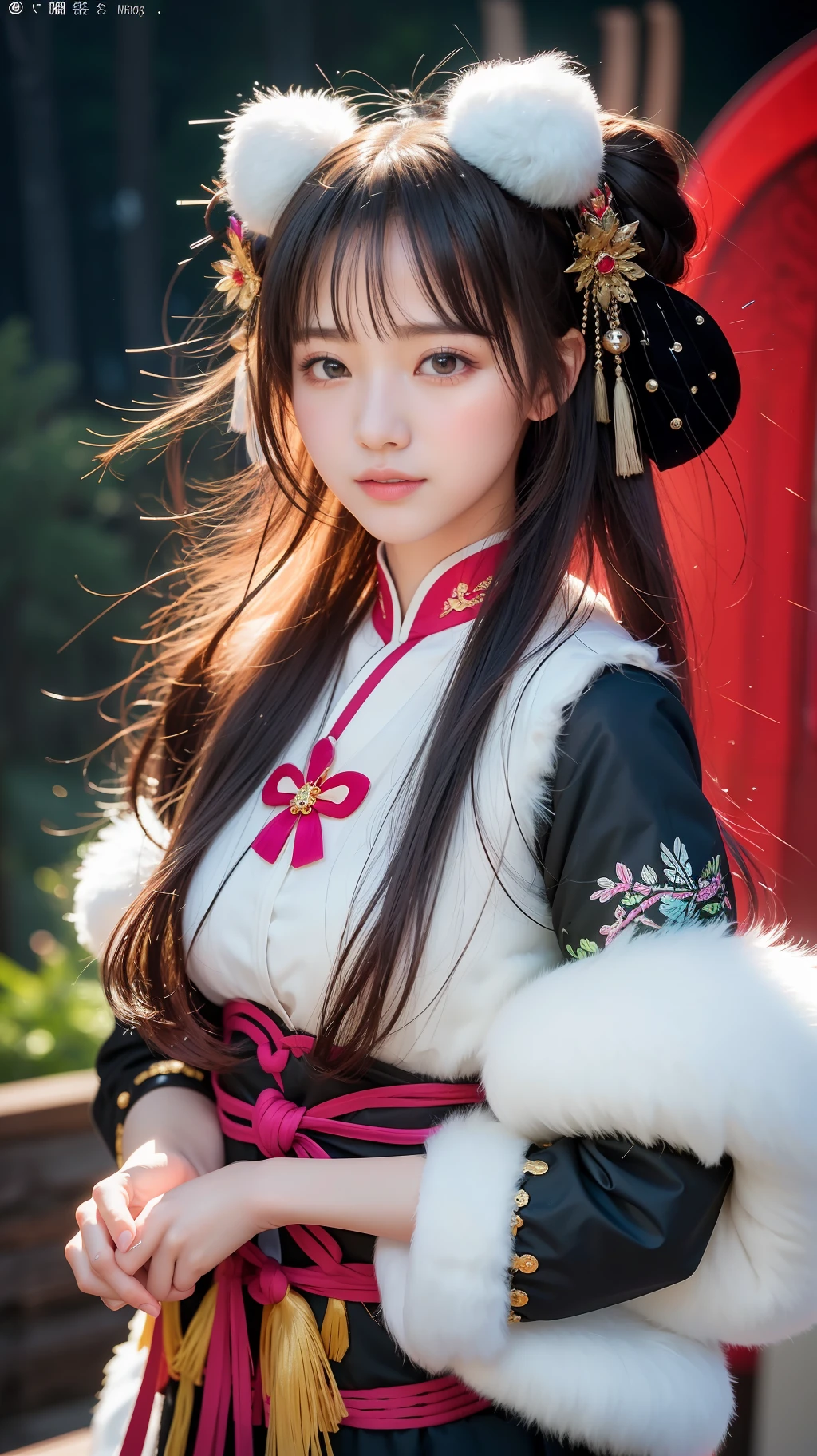 (8k, RAW photo:1.2), best quality, ultra high res,dramatic angle,(fluttered detailed color splashs), (illustration),(((1 girl))),(long hair),(rain:0.9), (头饰:1.4),少女身边有一座古宫,汉服,(重点),彩色水墨画,(泼彩),泼彩,(((colorful))),(素描:0.8) , Masterpiece, best quality, beautiful painted, highly detailed,(denoising:0.6),[splash ink],((ink refraction)), (beautiful detailed sky),moon,highly,detaild,(masterpiece, best quality, extremely detailed） CG unity 8k壁纸，杰作，最好的质量，超详细），（石蒜），