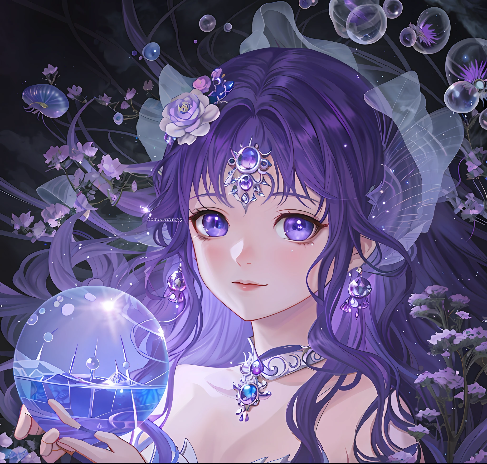 anime girl with purple hair holding a crystal ball in her hand, fantasy art style, closeup fantasy with water magic, soft anime illustration, anime fantasy illustration, digital anime illustration, cute detailed digital art, 8k high quality detailed art, artwork in the style of guweiz, detailed fanart, anime in fantasy style, jellyfish priestess, dreamy and detailed
