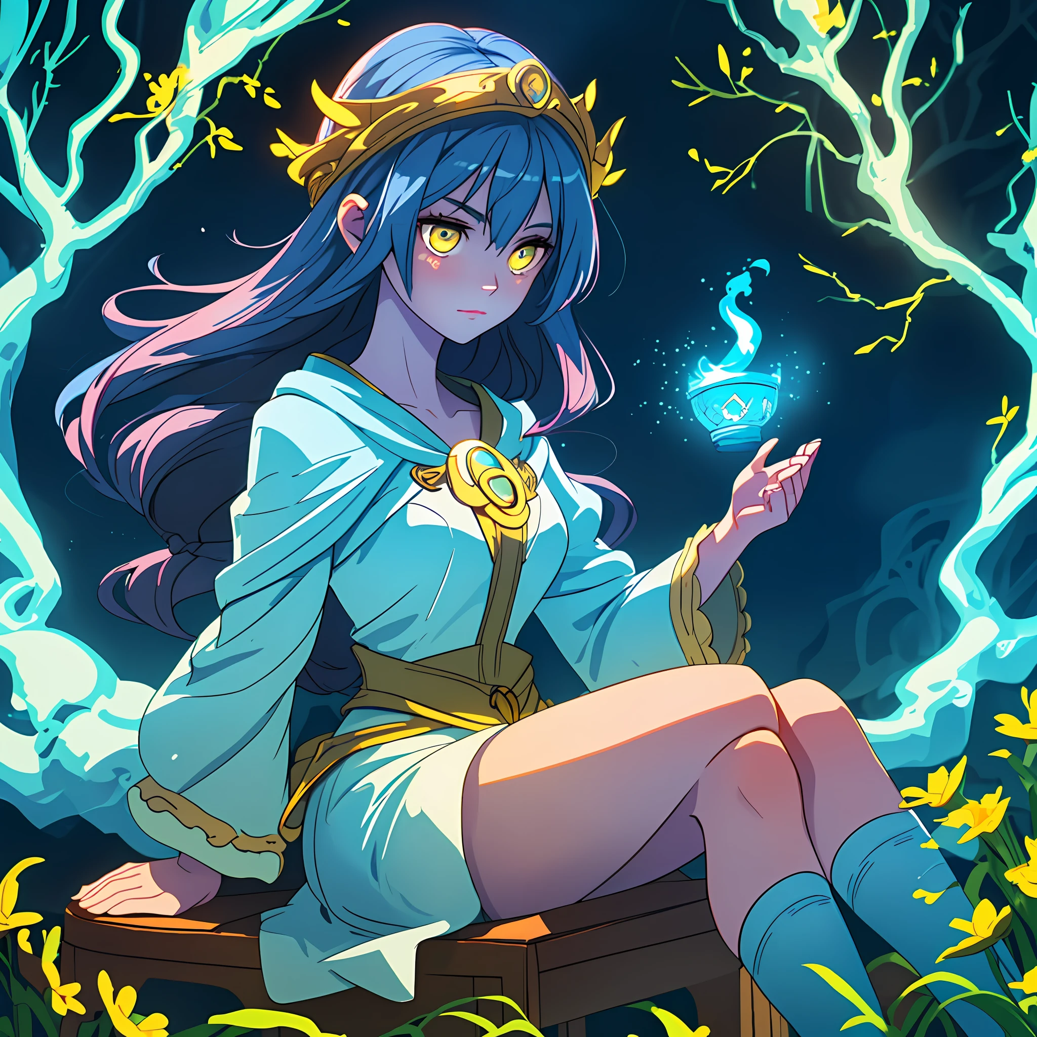 (A beautifully crafted girl), best quality, blue skin, (yellow eyes), (sitting in a mystical atmosphere), holding a (mysterious magic lantern), (dazzling light, shining bright).