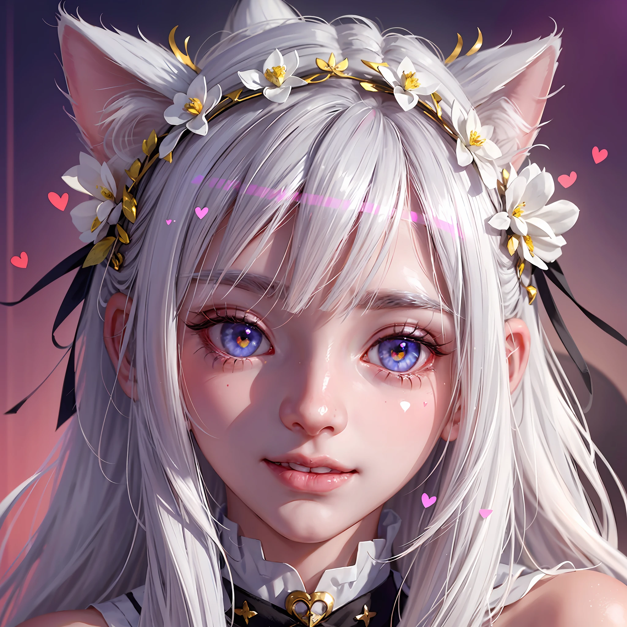 white hair, hair ornament, head wreath, mole under eye, glowing eyes, cat ears, smile, seductive smile, blush, shy, streaked hair, heart-shaped pupils, heart-shaped pupils, anime, anime style, god rays, ray tracing, backlighting, anaglyph, 16k, UHD --auto --s2