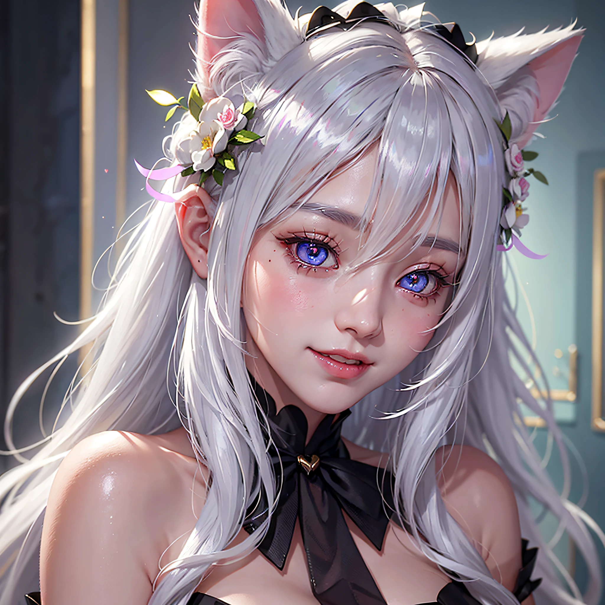 white hair, hair ornament, head wreath, mole under eye, glowing eyes, cat ears, smile, seductive smile, blush, shy, streaked hair, heart-shaped pupils, heart-shaped pupils, anime, anime style, god rays, ray tracing, backlighting, anaglyph, 16k, UHD --auto --s2