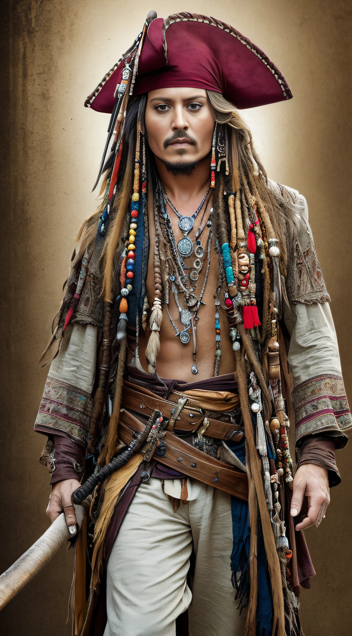 Masterpiece, Johnny Depp, Handsome, Bohemian Costume, (High Detail: 1 1) Pirates of the Caribbean, Accessories, Corsair, Sea Scene, Full Body Photo, Rough Face, Natural Skin, High Quality, (Face: 1 2), Real Photo Light, High Resolution 8k, Realistic, Professional Photography, 8k UHD, DSLR Camera, Soft Light, High Quality, Film Grave,