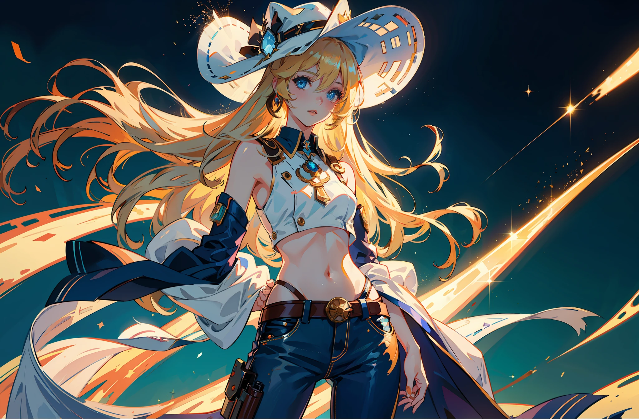 1 girl, masterpiece, macross delta splash art,  best quality, white tank top, midriff, short blue jeans, small breasts, cowboy hat, gun holster on hip, highly detailed gun, Colt Peacemaker in hand, gun aimed at camera, sheriff badge, bullets on belt, brown leather duster, detailed eyes, sparkling eyes, beautiful hands, highly detailed hands, straight hands, shiny skin, shiny hair, blue eyes, light blonde hair, tall, long hair, straight hair, full body, American flag