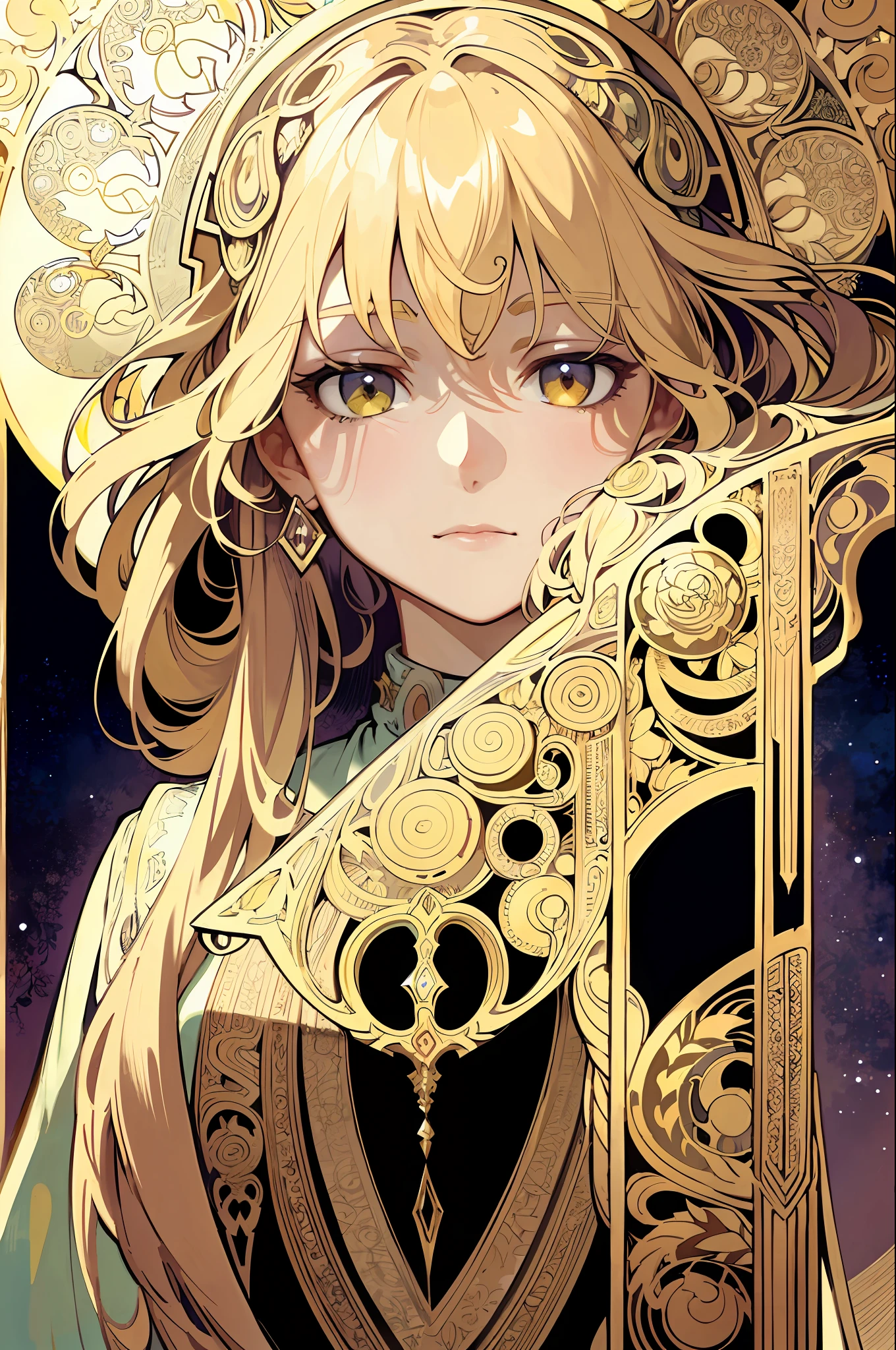 (Alphonse Mucha: 1.4), Facial portrait of a European beauty, long curly hair, blonde hair, flower decoration, (detail + intricate detail: 1.2), 4K, abstract art, line art, colorful, Fibonacci