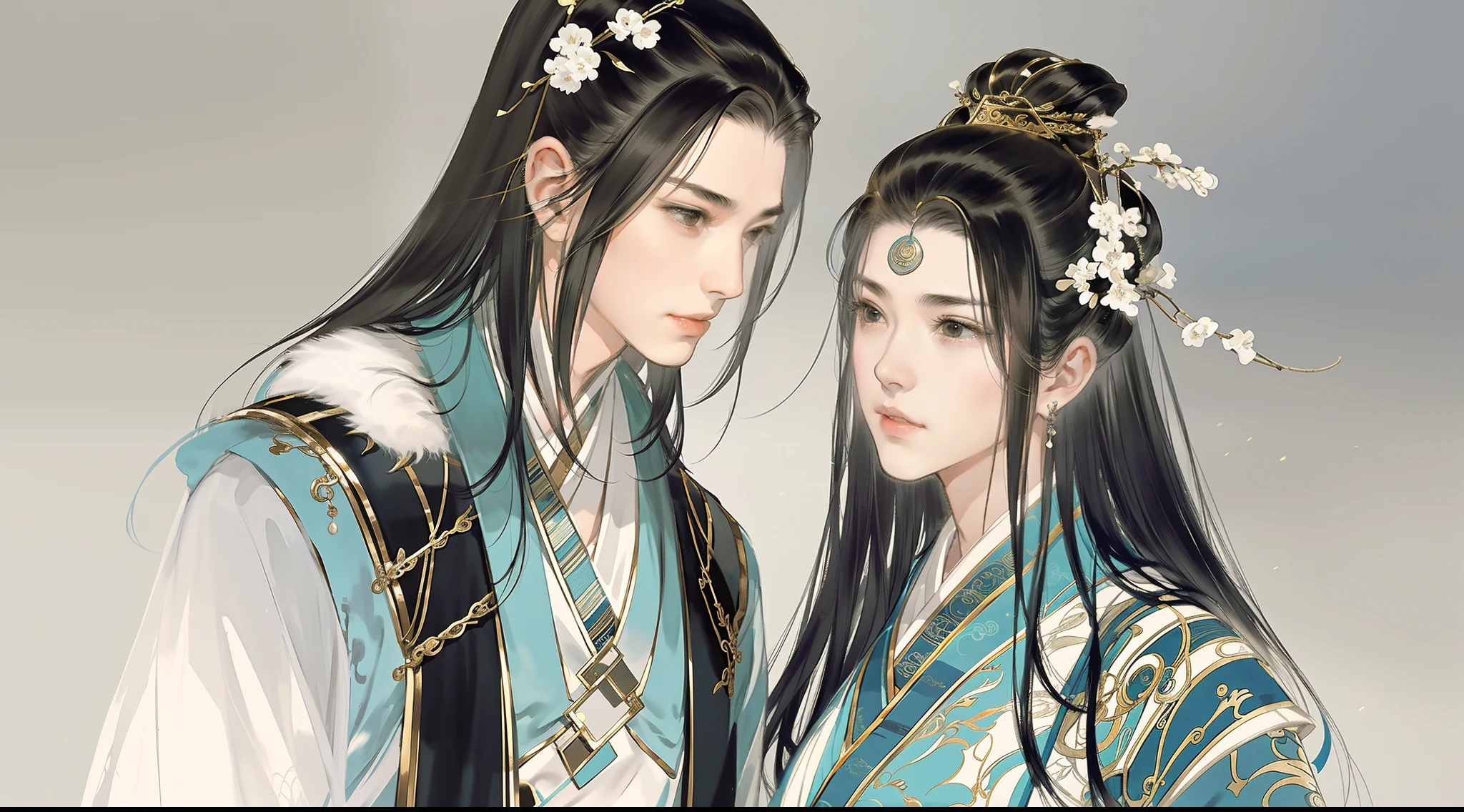 An ancient Chinese boy and girl, full body portrait, looking at each other, gentle eyes, clear facial features, wearing Hanfu, body surrounded by black and white mist, kingly temperament, movie edge light, delicate light, masterpiece, super detailed, epic composition, super HD, high quality, highest quality, 32k