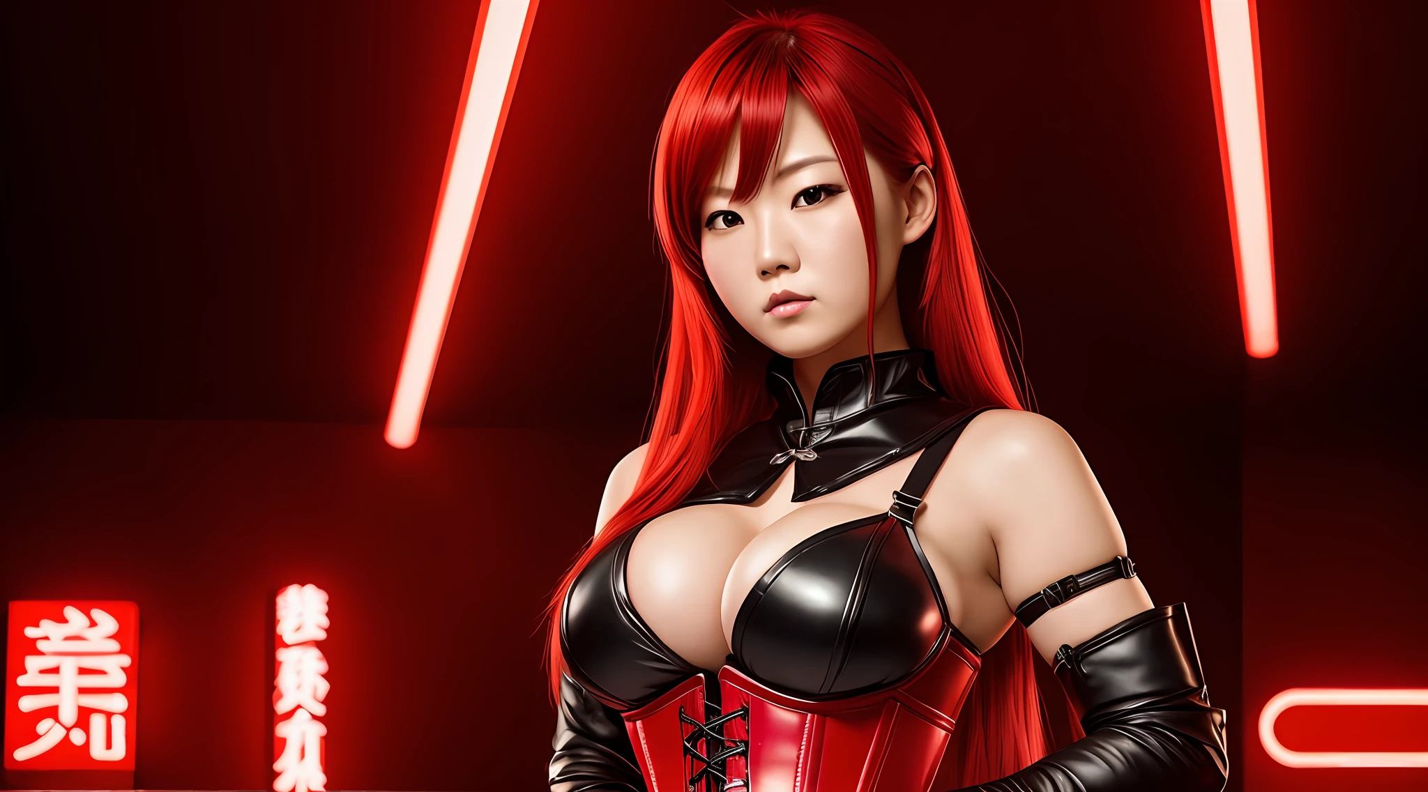 Japanese female portrait, big breasts,huge breasts,giant breasts,sensual,long neon red hair,cute, intimidating, small body, red leather corset, realistic cinematic 8k top body, red background, grumpy lighting, --auto --s2