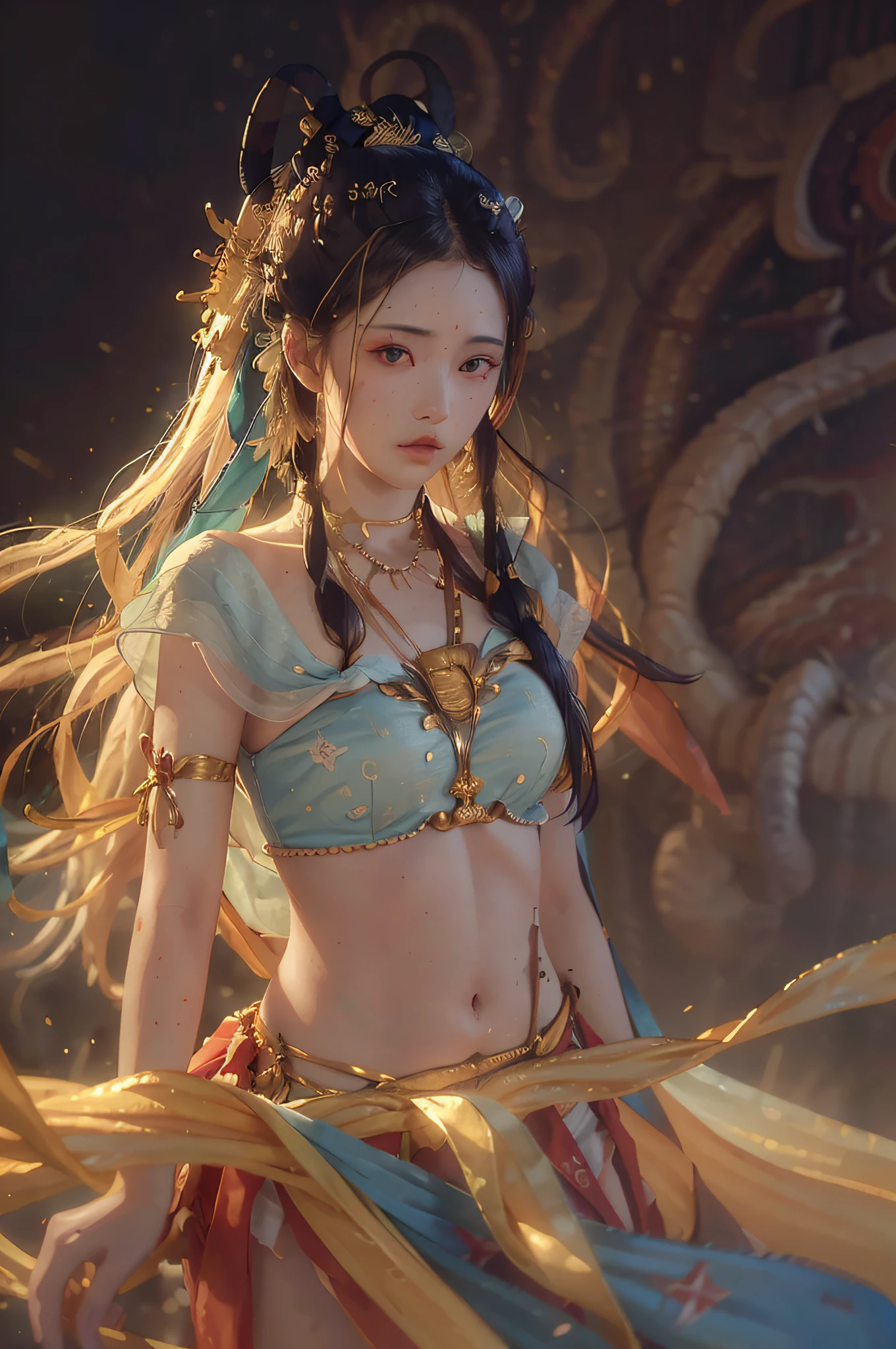 (RAW Photo, Best Quality), (Realistic, Photo Realistic: 1.3), Best Quality, Highly Detailed, Masterpiece, Hyperdetail, Illustration, 1 Girl, upper_body, Dynamic Angle, ((Beach)), messy_long_hair, Best Quality, Extremely Detailed CG Uniform 8k Wallpaper, Ink, Amazing, Cinematic Lighting, lens_flare,dunhuang_style