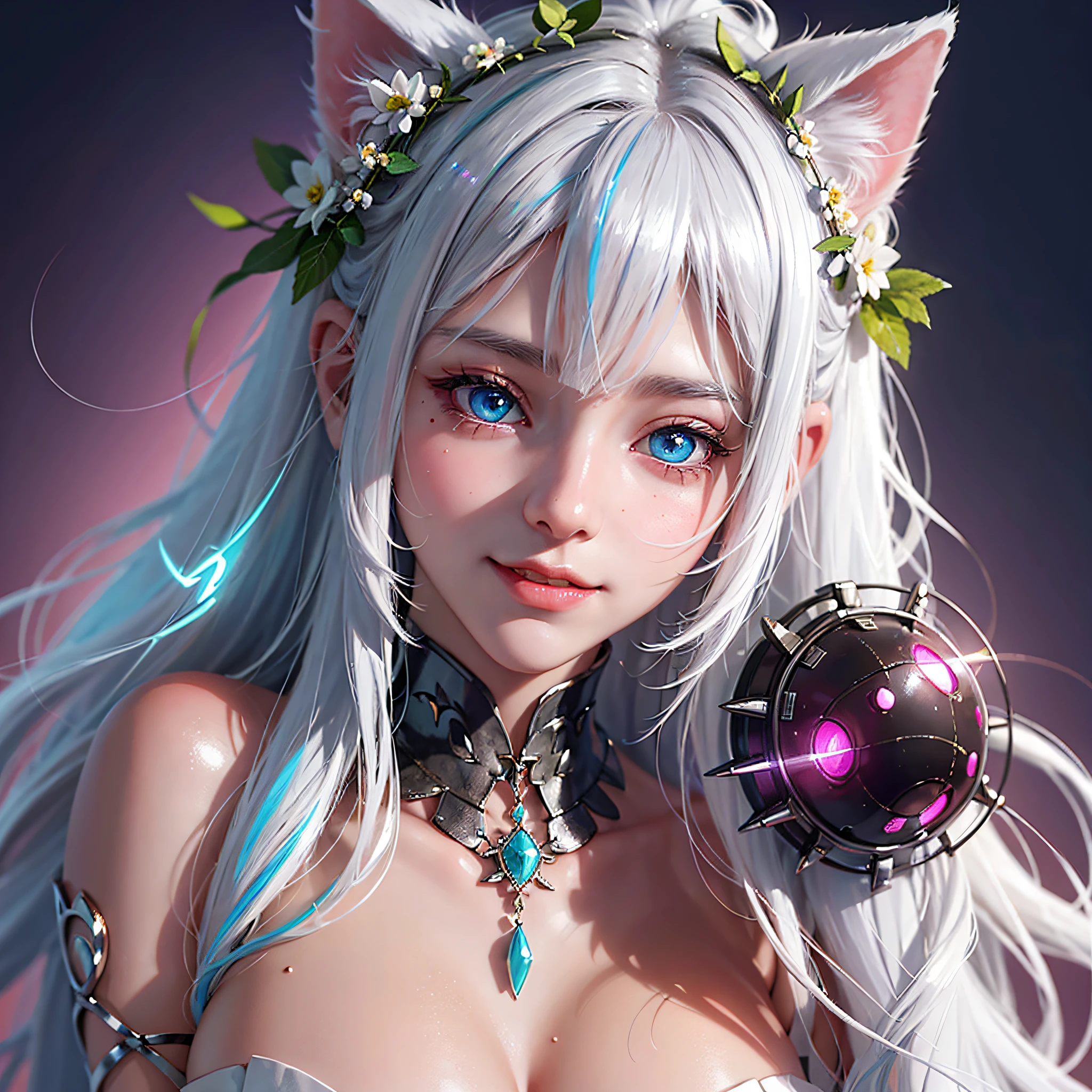 white hair, hair ornament, head wreath, mole under eye, aqua eyes, glowing eyes, cat ears, smile, seductive smile, blush, shy, streaked hair, anime, anime style, god rays, ray tracing, backlighting, anaglyph, 16k, UHD --auto --s2