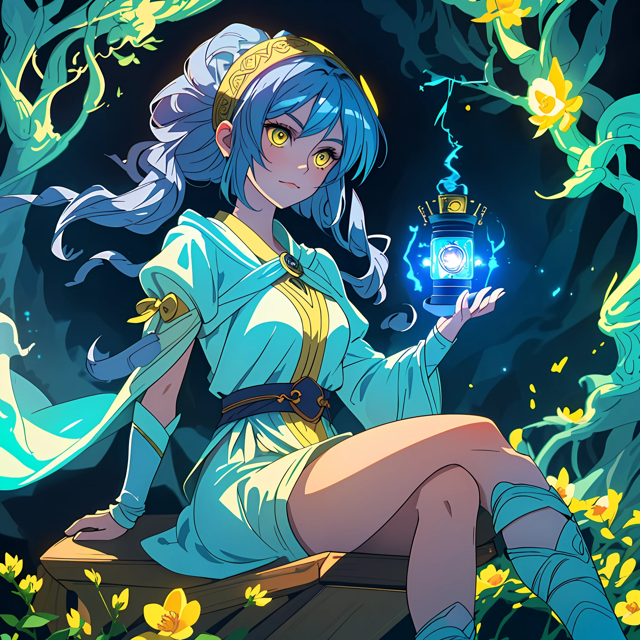 (A beautifully crafted girl), best quality, blue skin, (yellow eyes), (sitting in a mystical atmosphere), holding a (mysterious magic lantern), (dazzling light, shining bright).