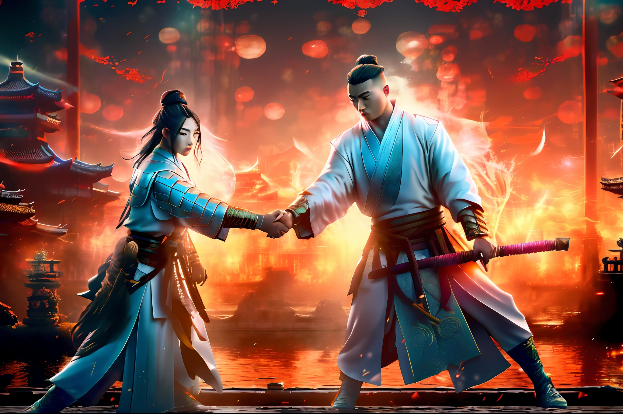 (Chinese ink painting style, high image quality) + (Ruan Jia and Fong Hua Zhong: 1.2 + sword, martial arts movie beauty + male: 1.1) + (Sea Queen Mu Yanling: 0.8 + flower basket: 1.3 + dark pier scenery + quiet sea surface + exquisite light and shadow effects)