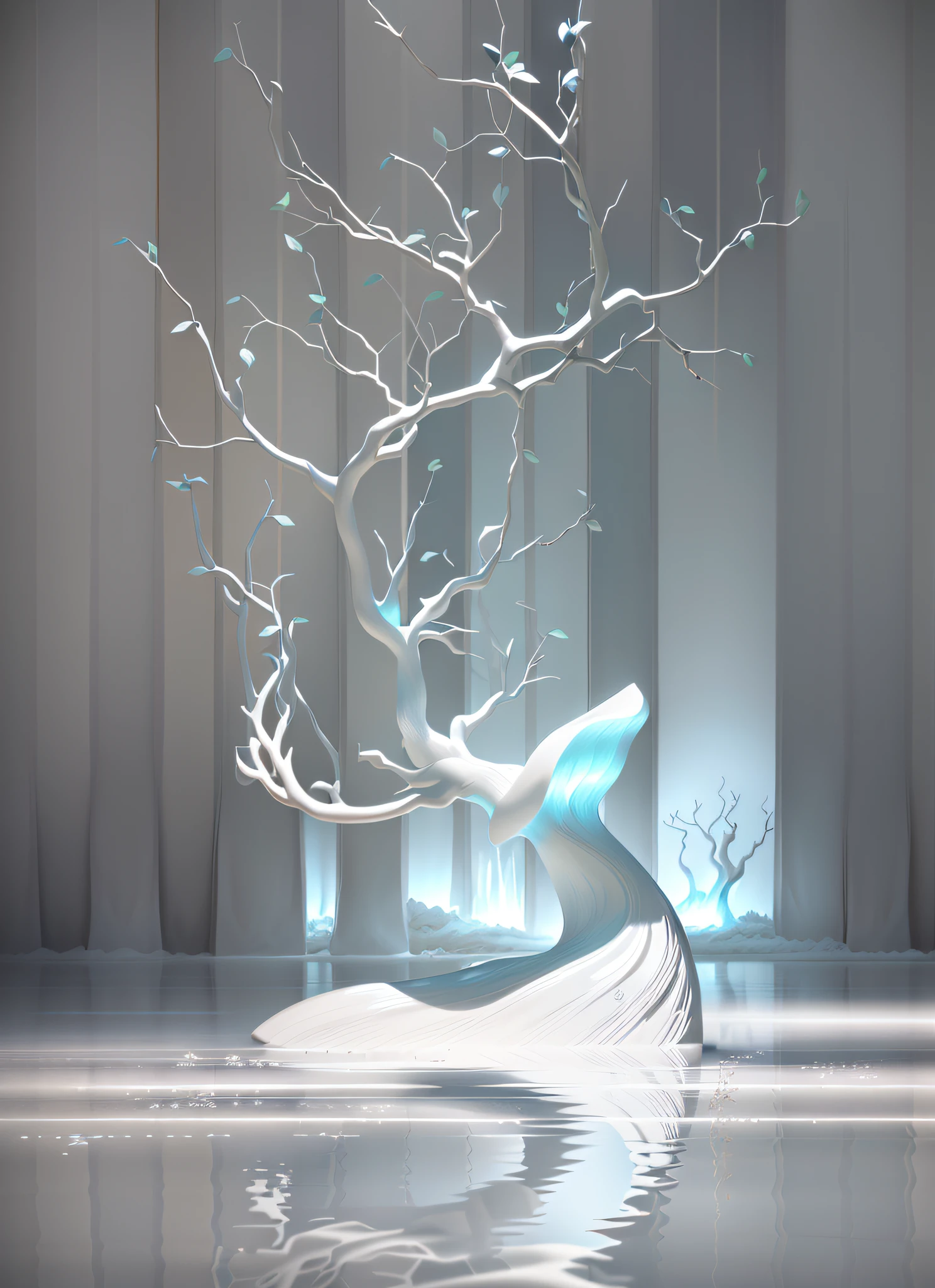 there is a white sculpture of a tree with branches in it, peaceful and graceful, porcelain sculpture, made out of shiny white metal, a surrealist sculpture, new sculpture, resin statue, affable ， wenjun lin, beautiful and graceful, contemporary sculpture, sculpture, surreal metal sculpture, showpiece, high-quality render, ancient antler deity