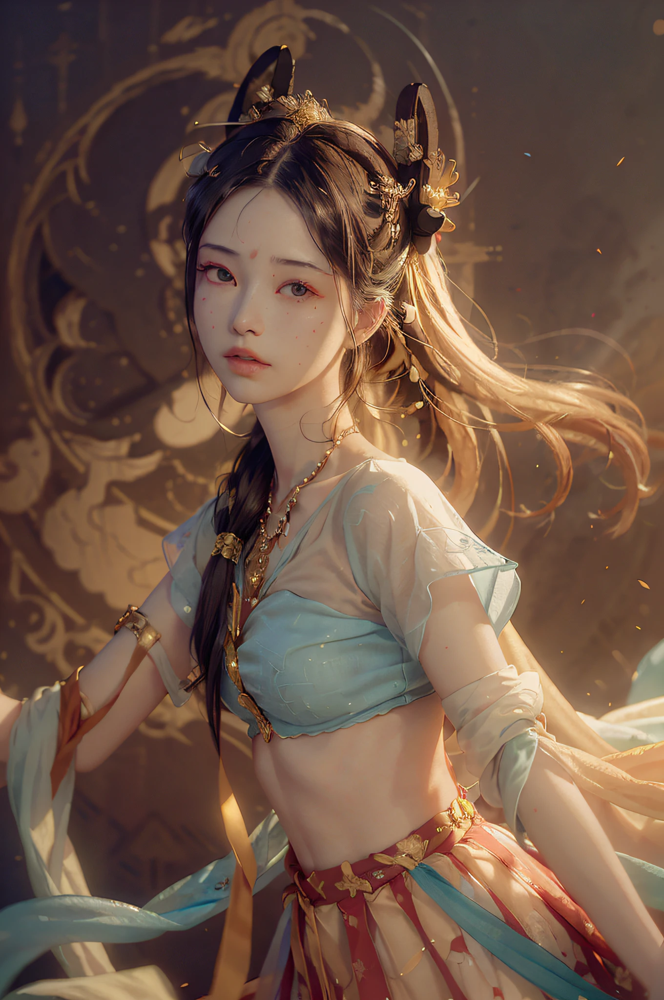 (RAW photo, best quality), (realistic, photo-realistic:1.3),best quality,highly detailed,masterpiece,ultra-detailed,illustration,1girl,upper_body,dynamic angle,world masterpiece theater,messy_long_hair,best quality,extremely detailed CG unity 8k wallpaper,ink,Amazing,cinematic lighting,lens_flare,,dunhuang_style