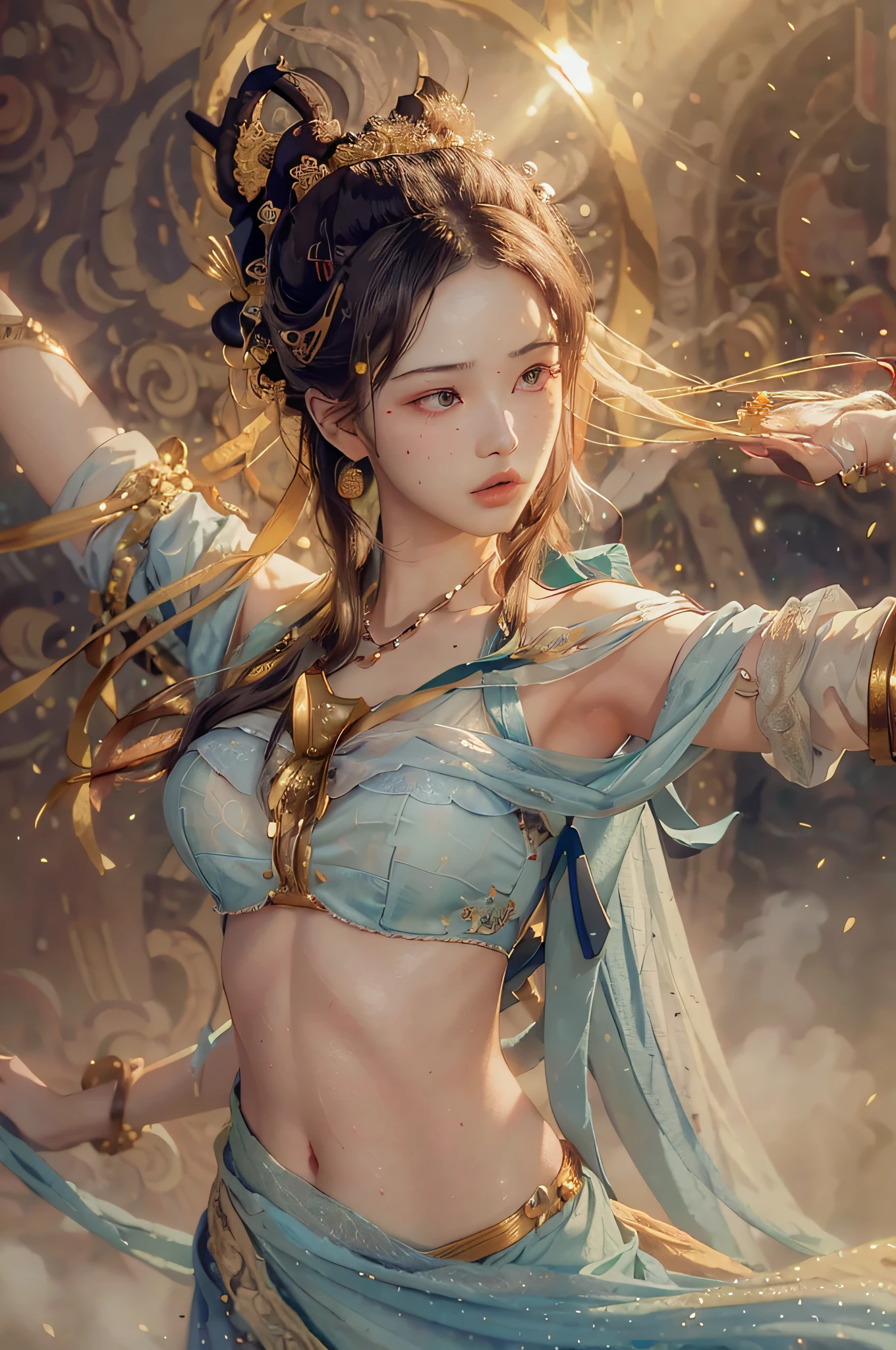 (RAW photo, best quality), (realistic, photo-realistic:1.3),best quality,highly detailed,masterpiece,ultra-detailed,illustration,1girl,upper_body,dynamic angle,world masterpiece theater,messy_long_hair,best quality,extremely detailed CG unity 8k wallpaper,ink,Amazing,cinematic lighting,lens_flare,,dunhuang_style