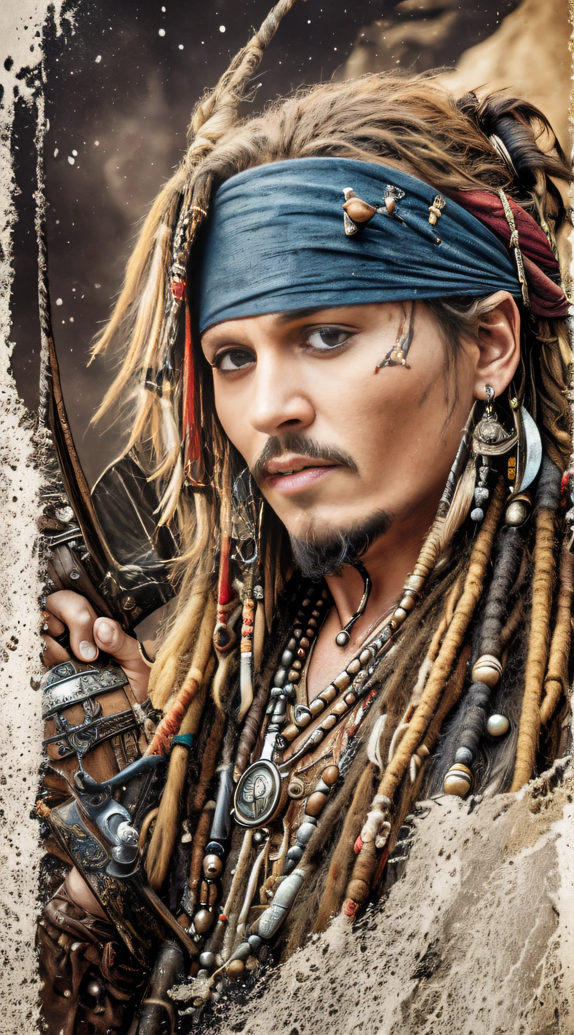 Masterpiece, Johnny Depp, Battle Scene (High Detail: 1 1) Pirates of the Caribbean, Pipe, Accessories, Corsair, Sea Scene, Full Body Photo, Rough Face, Natural Skin, High Quality, (Face: 1 2), Real Photo Light, High Resolution 8k, Realistic, Professional Photography, 8K UHD, SLR Camera, Soft Light, High Quality, Film Grain,