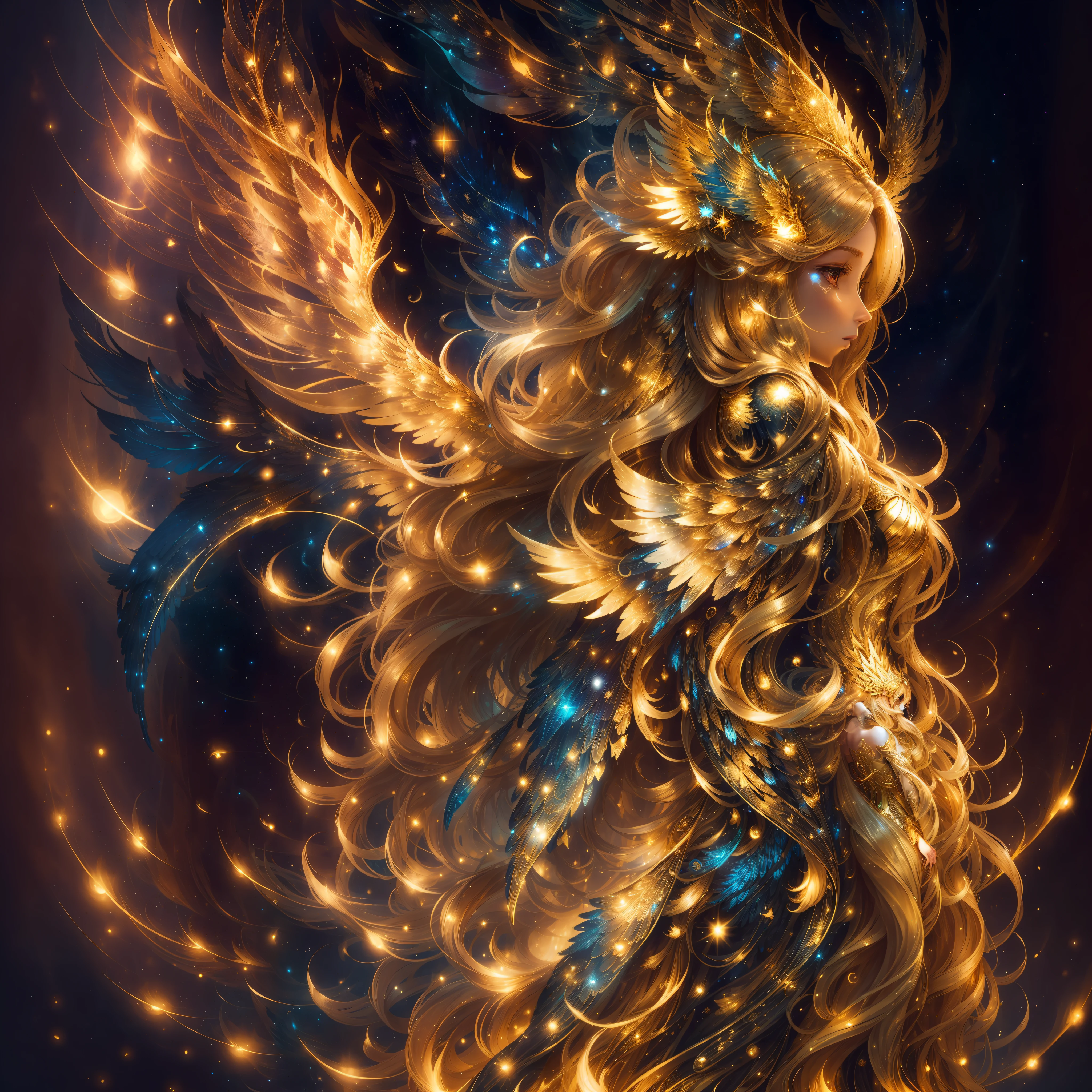 A woman with long, golden hair, with majestic wings on her back, is standing in a nocturnal landscape illuminated by a soft light. Her dress is golden and fluid, matching perfectly with the glow of the stars in the background.